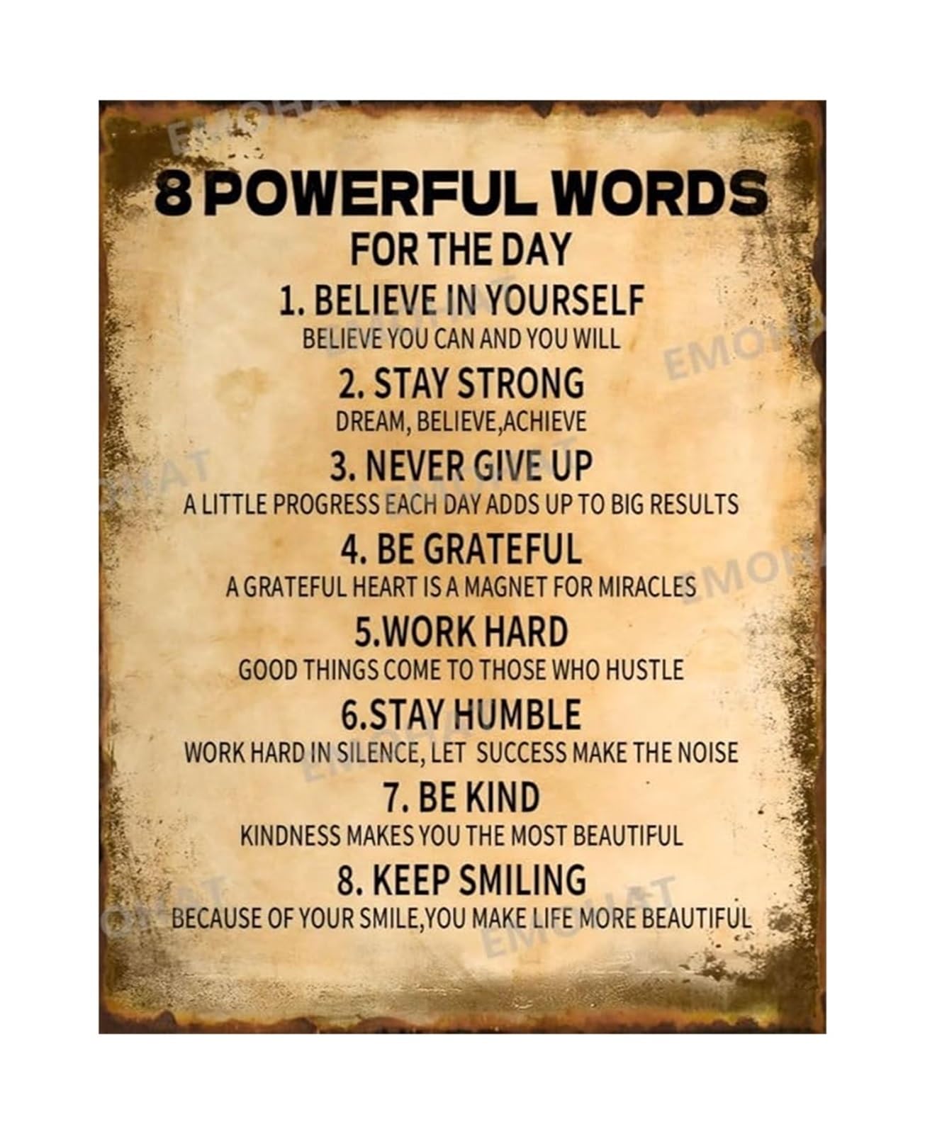 AUOQKQUT 8 Powerful Words For The Day Metal Sign Motivational Daily Quotes Vintage Tin Sign for Home Office Decor (8 X 12 in)