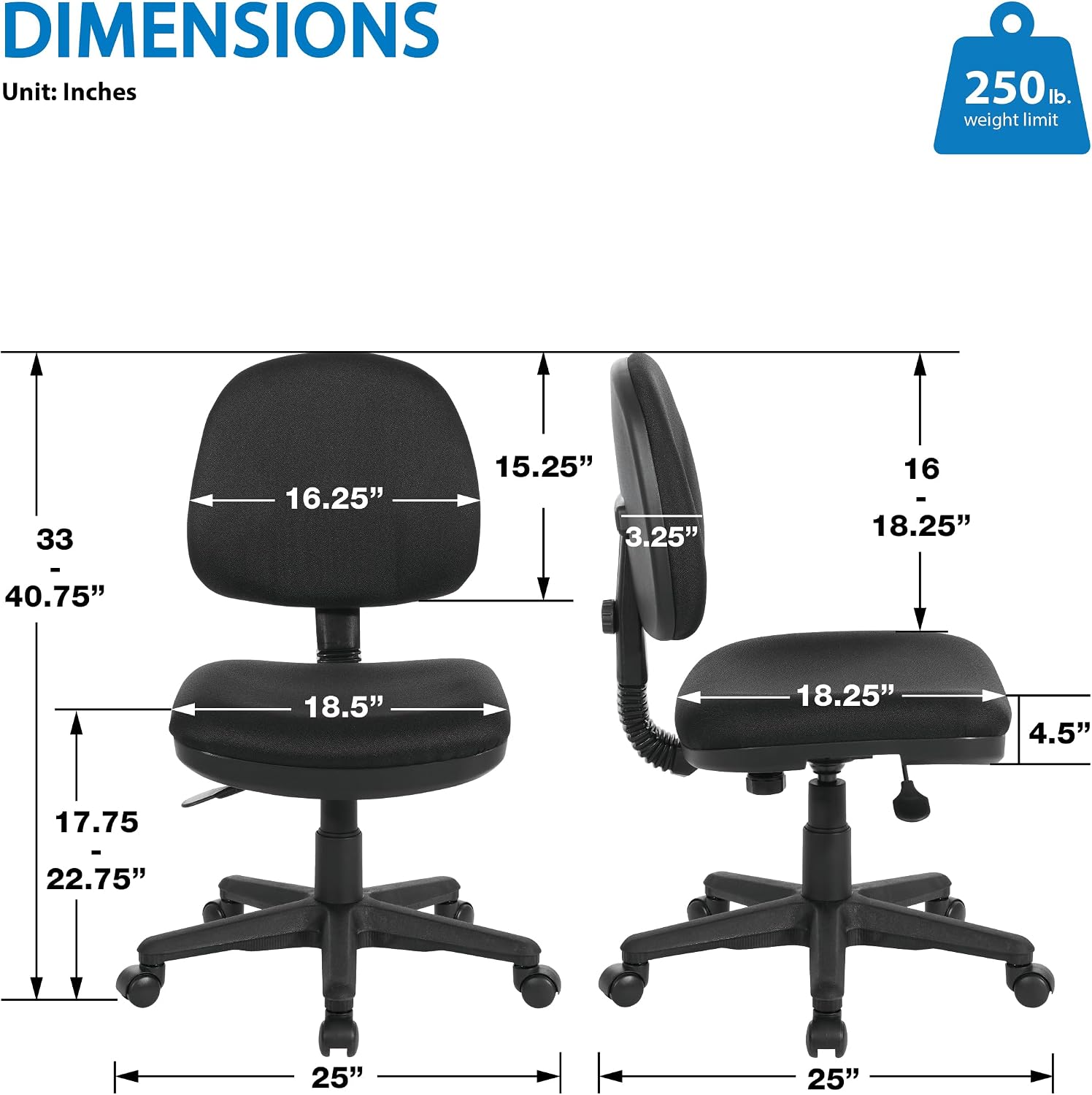 Office Star Pneumatic Sculptured Office Task Chair with Thick Padded Seat and Built-in Lumbar Support, Black