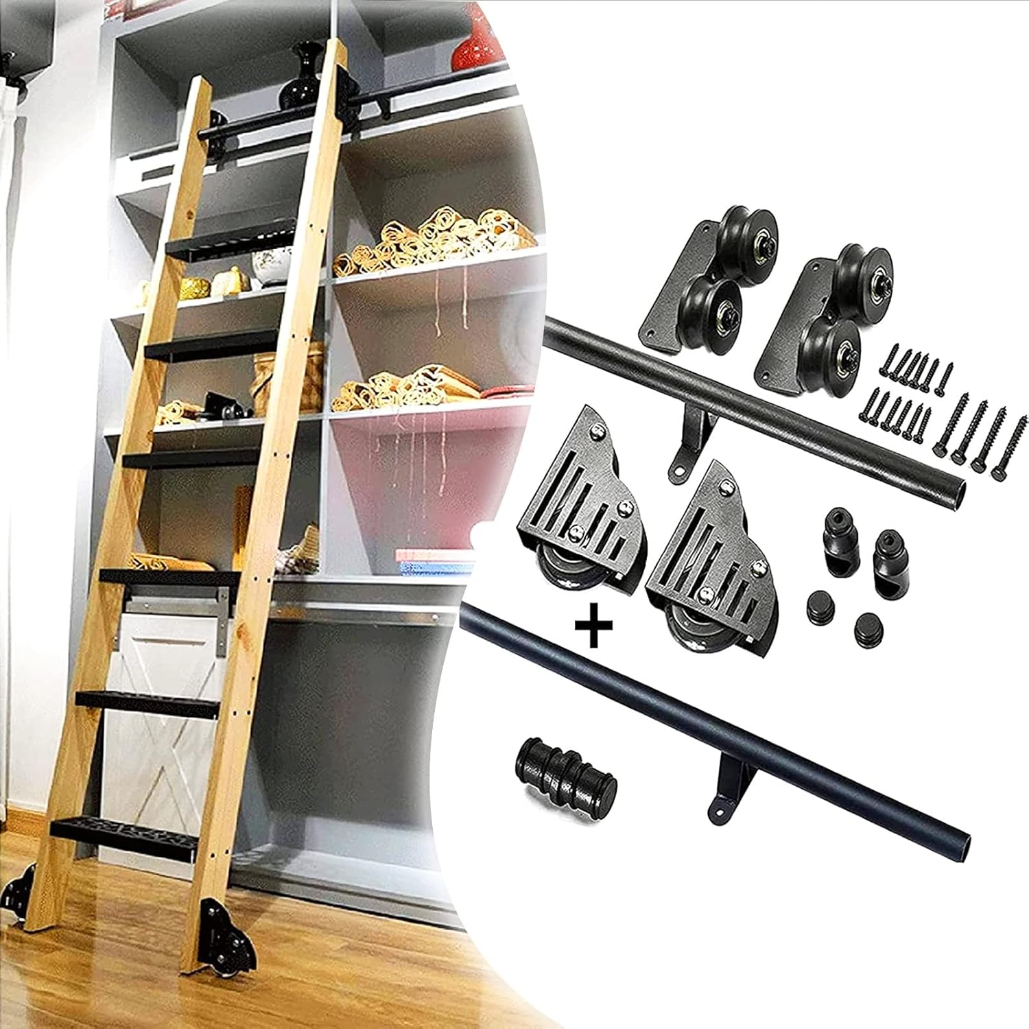 Sliding Library Hardware Rolling Track(No Ladder), Black Round Tube Mobile Ladder Full Set Rail Kit, Wrought Iron Wheel Roller + Extention Rail (Size : 3.3ft/100cm Track Kit)