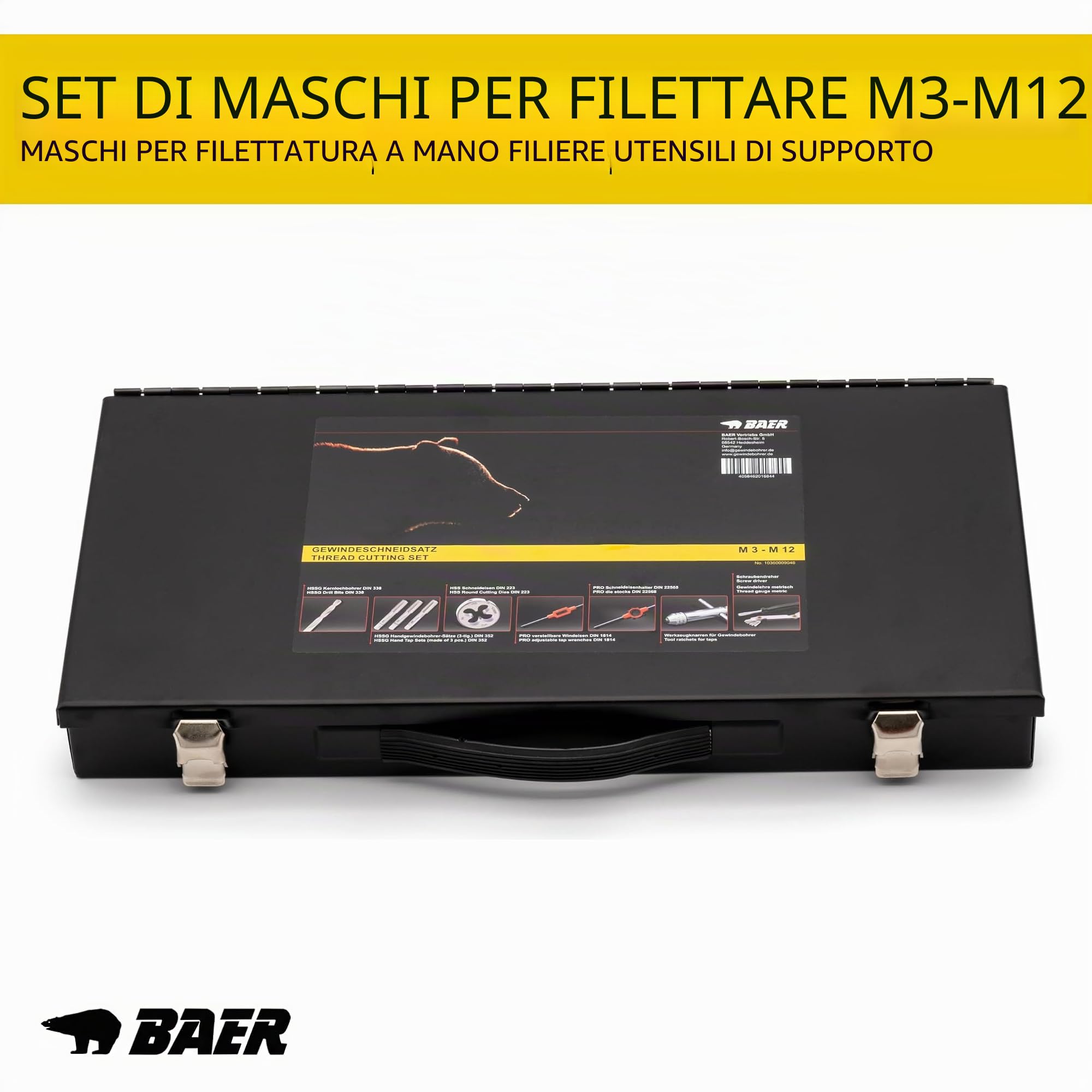 BAER Set di maschietti M3 – M12, HSS, file, utensili per filettatura, set di filettatura, maschio