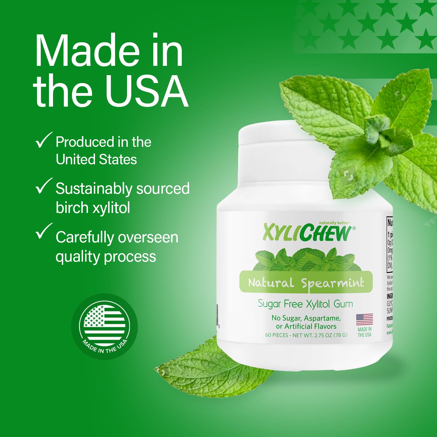 XYLICHEW - Xylitol Gum Spearmint Jar - 60 Pieces (2.75 oz./78 g)