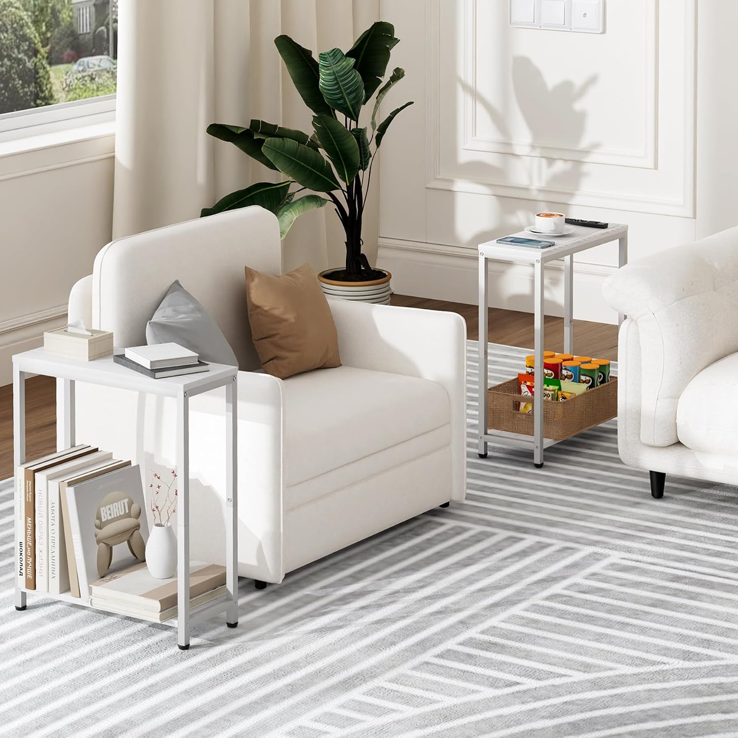 SLEEPING LAMB Narrow End Tables Living Room Set of 2 Small Side Table for Small Space, 2 Tier Slim Skinny Night Stand for Bedroom, Couch Beside Nightstands, White image 2