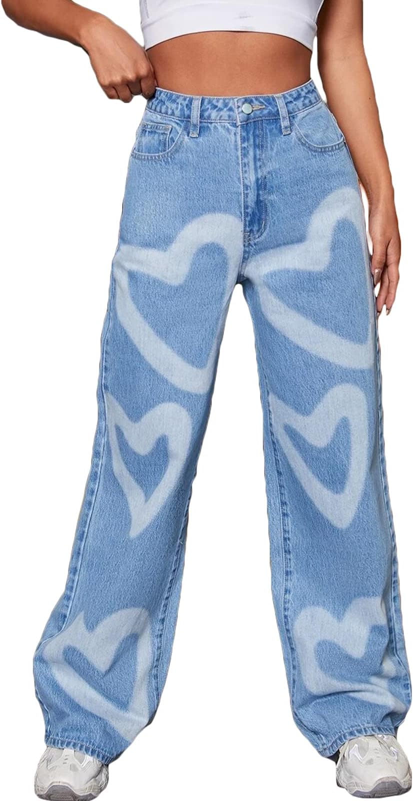 Heart Print Jeans for Girls Heart Print Jeans for Women Fashion Wide Leg High Waist Baggy Boyfriend Jeans Loose Denim Pants