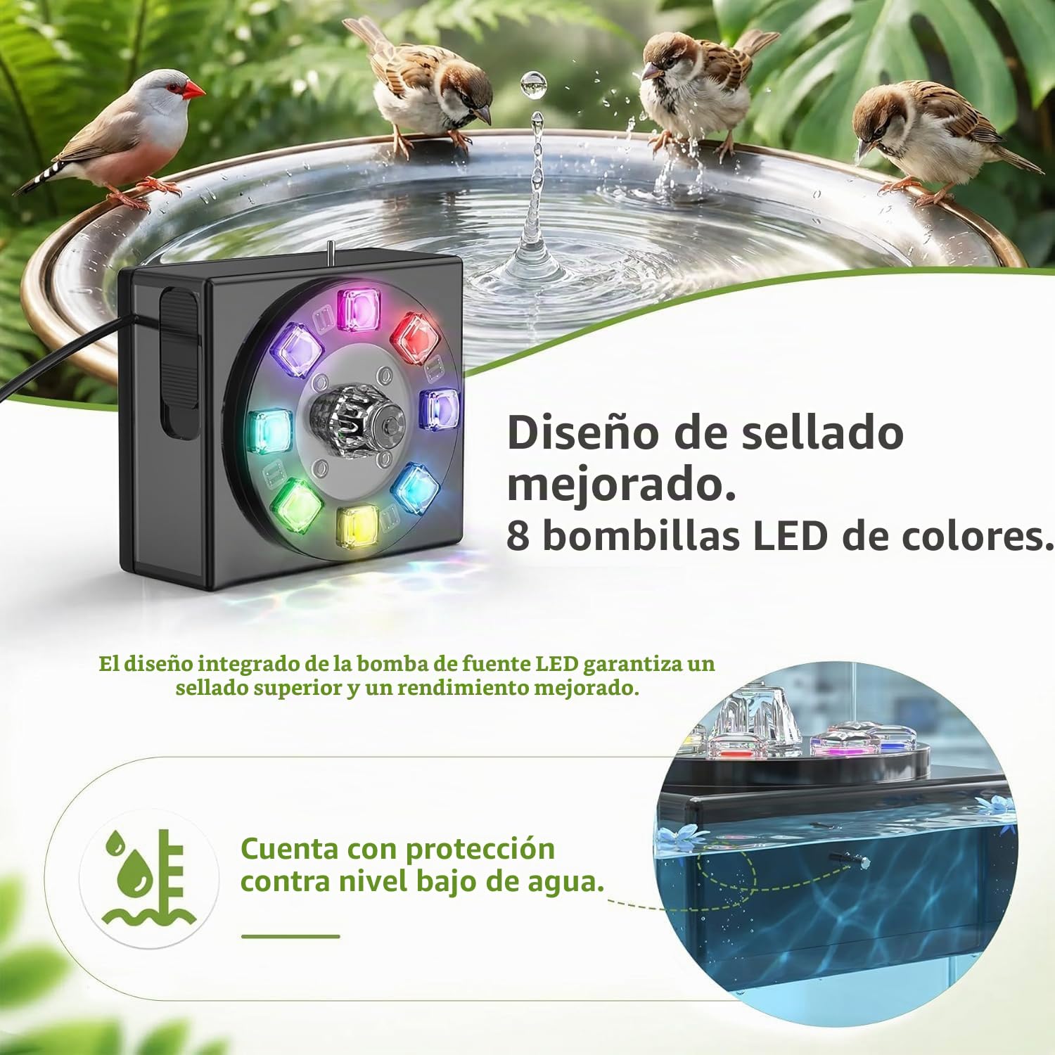 Forever Speed 6W Fuente Solar LED con Batería 1800mAh, Fuente Solar para Exteriores Baño de Pájaros, Balcón, Pequeño Estanque, Jardín, LED Solar Bombas para Fuentes Akku
