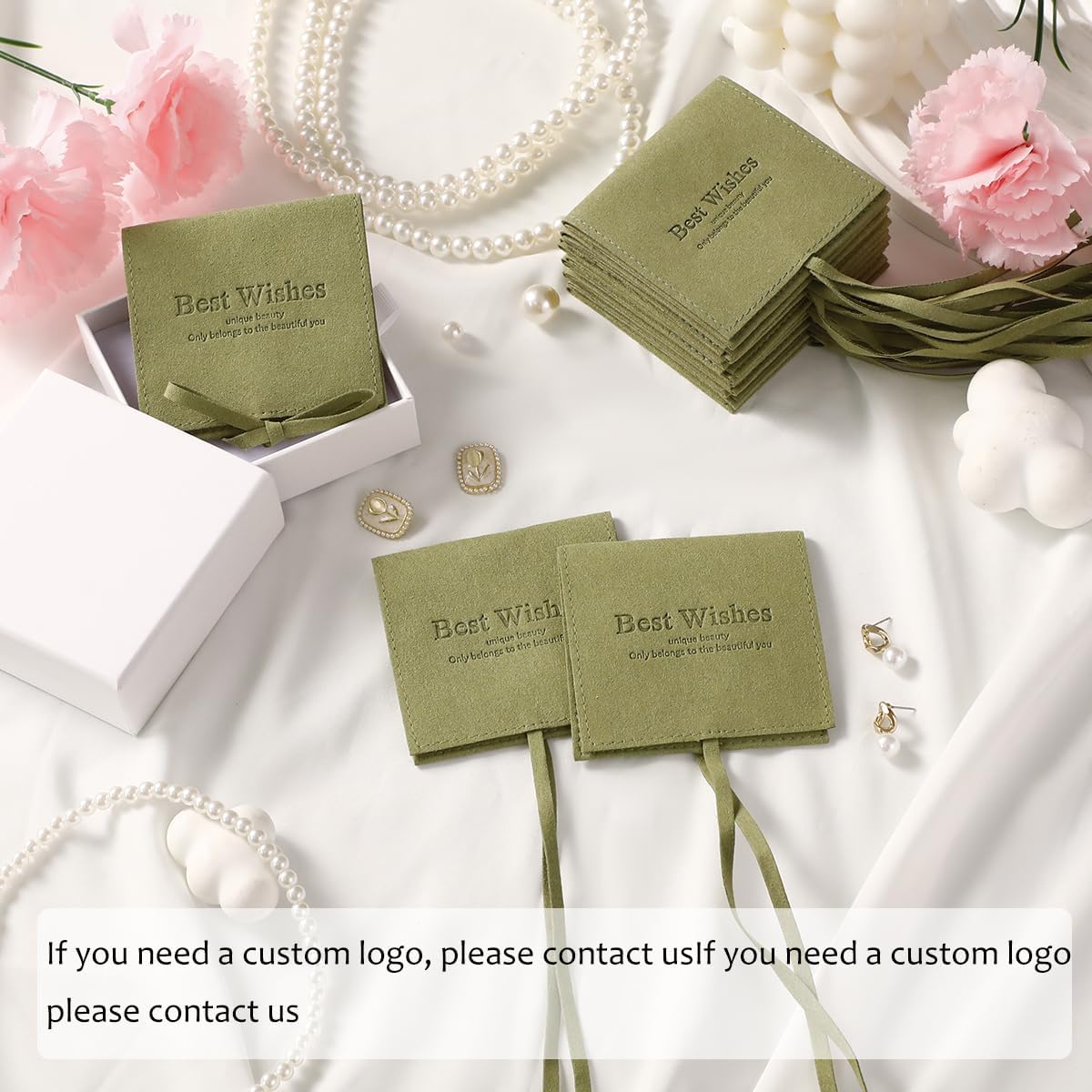 40pcs Green Microfiber Jewelry Bags 8 x 8cm Luxury Small Gift Bags Ring Bags for Earrings Necklaces Bracelets Bow Tie Microfiber Bags Envelope Packaging Bags