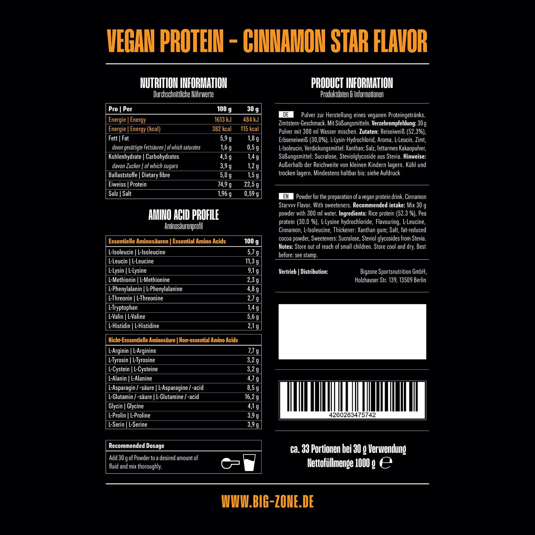 Big Zone Vegan Protein - 1000g | Erbsenprotein (70%) + Reisprotein (20%) | Vegan Eiweissshake Eiweiss (Zimtstern)
