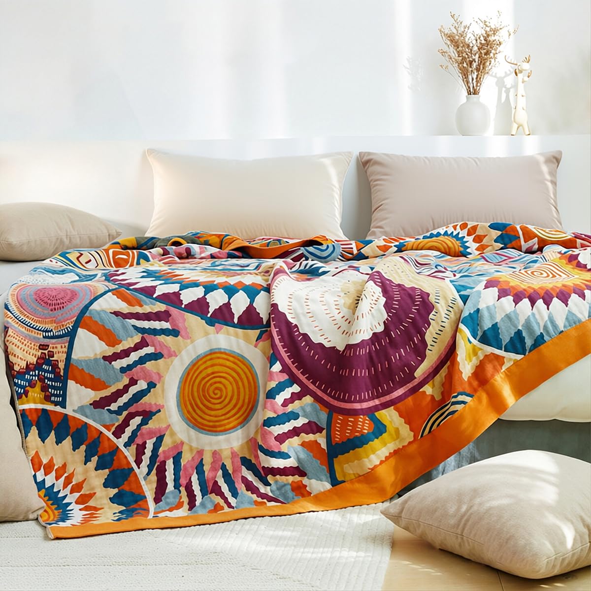 Plaid Sofa de Algodón Manta Sofa Boho Verano Inverno Colcha Boho Algodón para Cama Colcha Color Naranja con Estampado Geométrico, Multiusos, 150 x 200 cm (60" x 78") | Colcha para sofá o cama, color naranja con estampado geométrico, multicolor