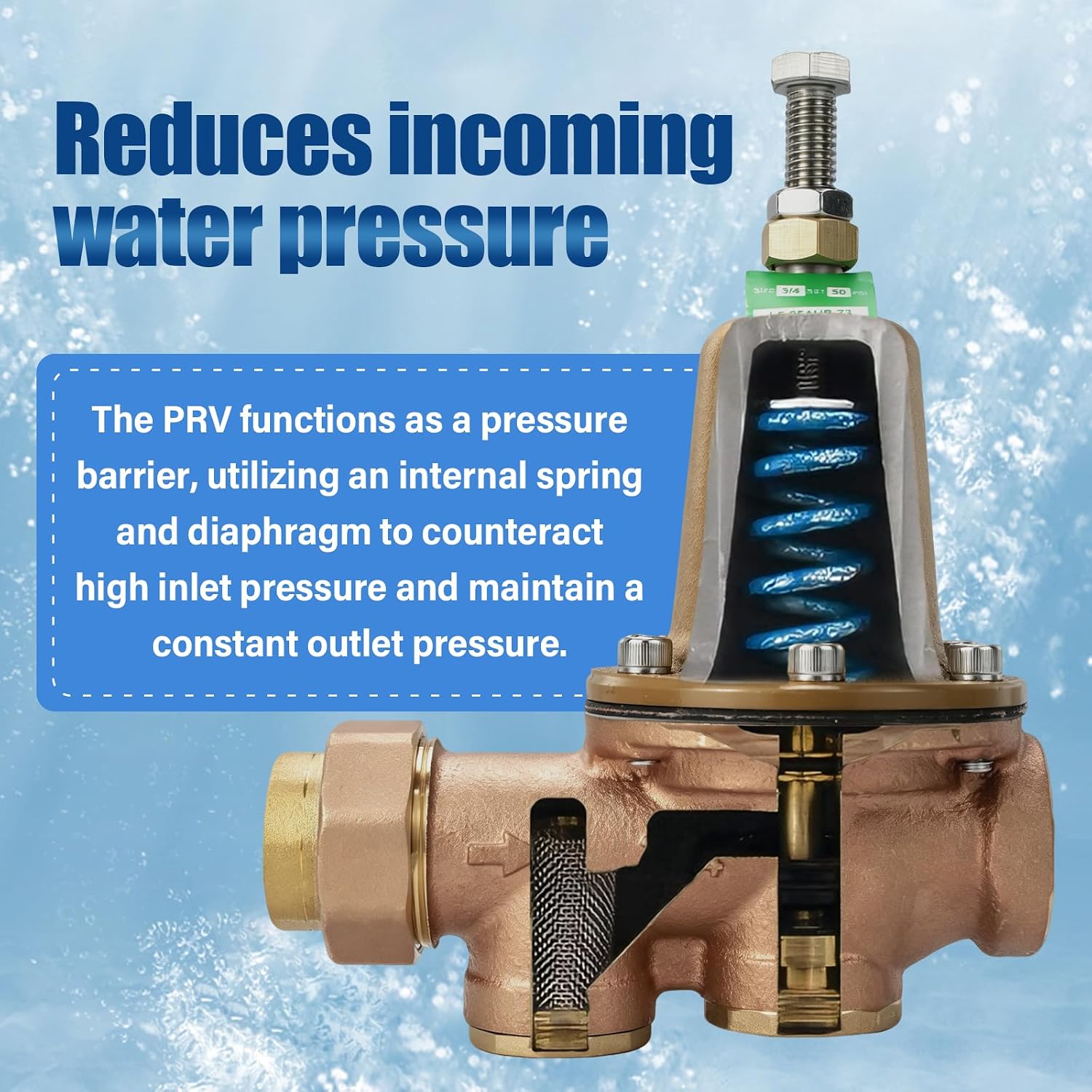 LF25AUB-Z3 3/4" Copper Silicon Alloy Water Pressure Reducing Valve | NPT Female Union and NPT Female,Polymer Seat,Adjustable 25-75 PSI.Maximum Pressure: 300 Psi