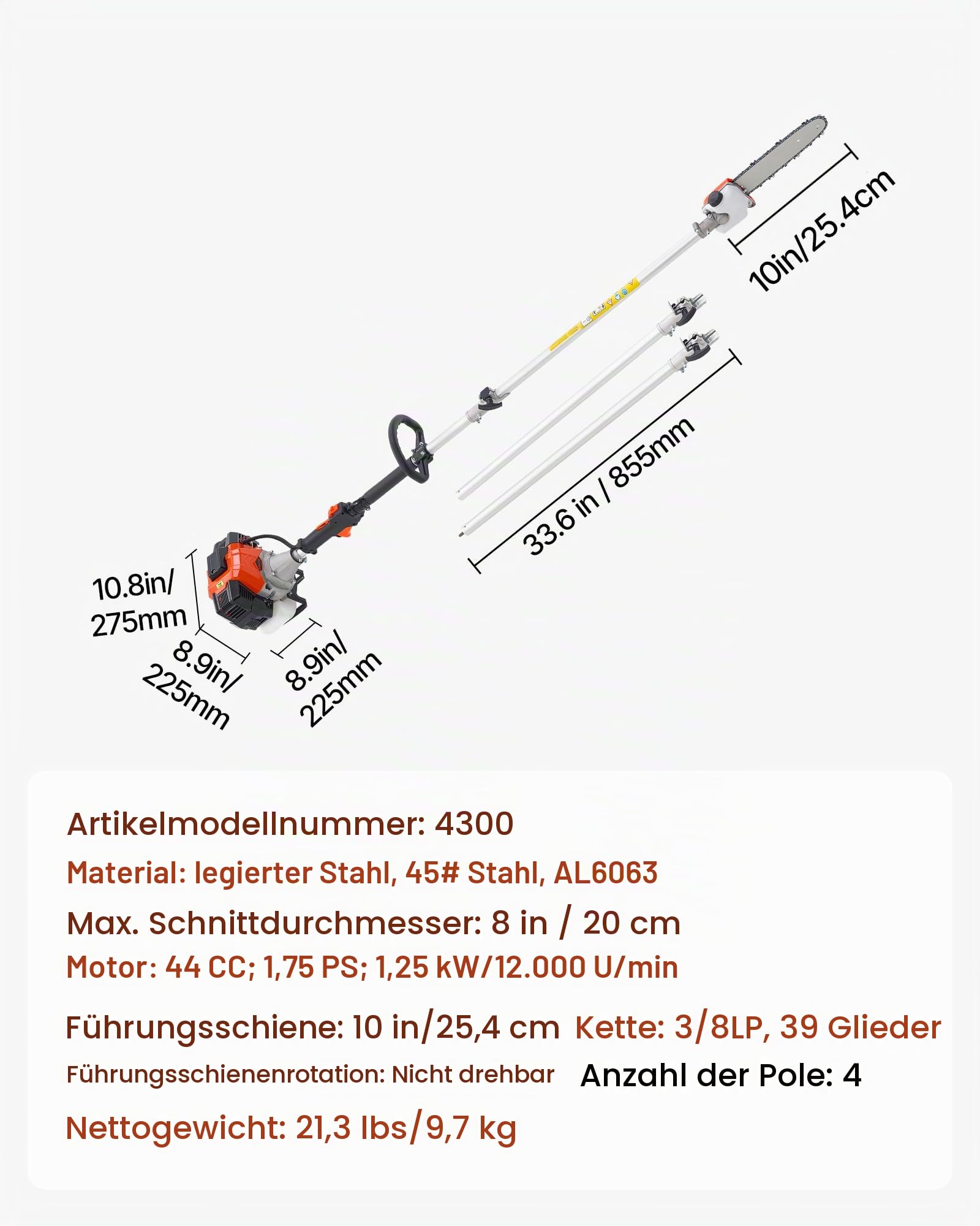VEVOR Benzin-Hochentaster, 43ccm Hubraum 2-Takt Motorsäge, Teleskopsäge mit 2,08–3,58 m ausziehbarer Stange, 25,4 cm Schwert, 850 ml Kraftstofftank, für kraftvolles Sägen in hohen Baumkronen