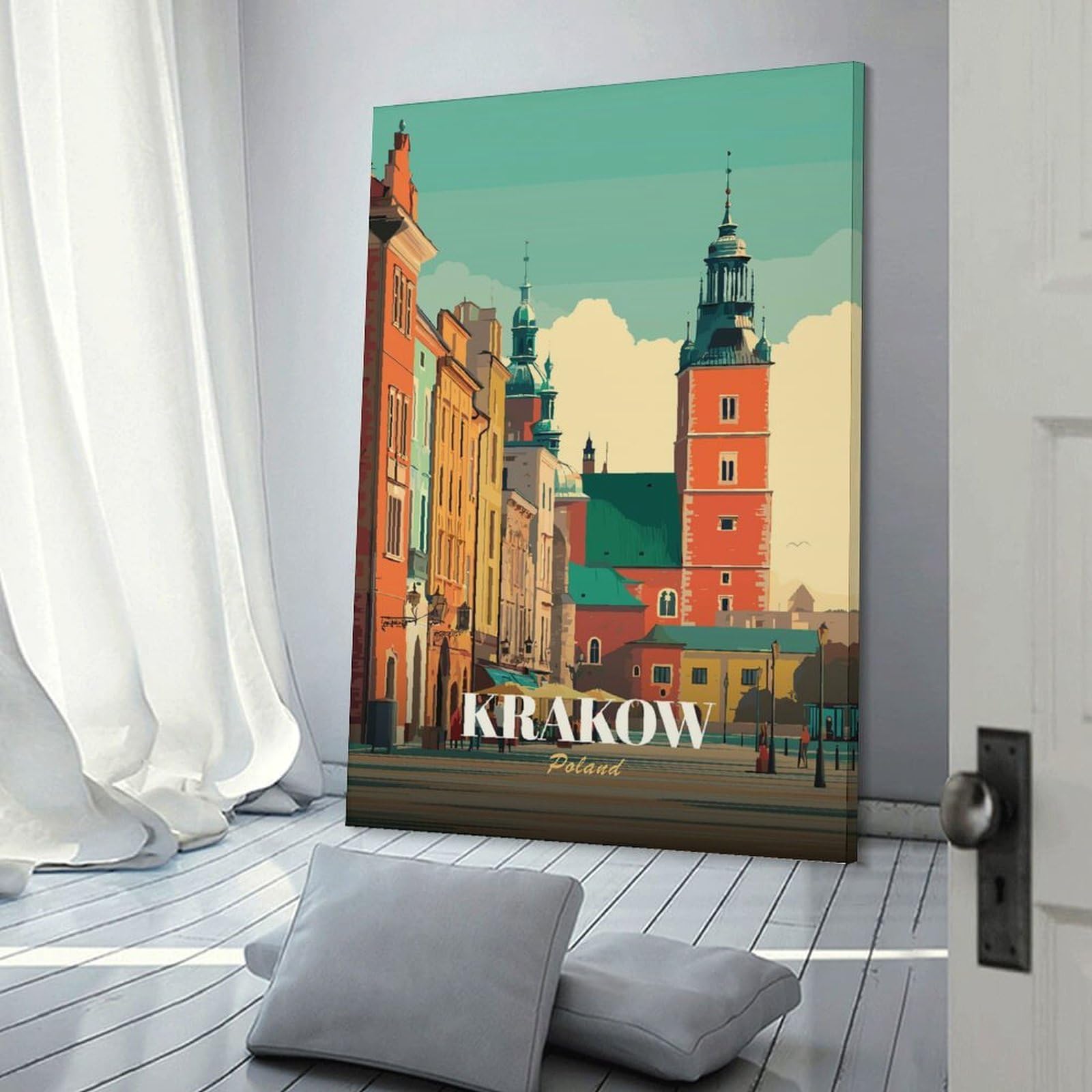 Junmoney Krakow, Poland Cityscape Illustration(2) Hanging Wall Art 24x36inch(60x90cm), for New Homes, Bedrooms Or Workspaces, Thoughtful Wall Decor for Art Lovers