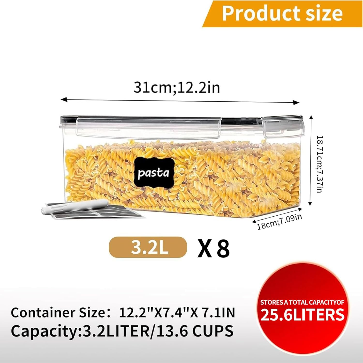 stusgo 3.2l (108 oz) 8pcs airtight food storage containers with lids, bpa-free plastic canisters for pasta, spaghetti & kitchen pantry organization 8 pcs-3.2l