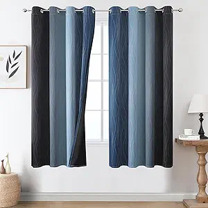Estelar Textiler Navy Blue and Black Ombre Blackout Curtains 63 Inch Length 2 Panels Set, Full Room Darkening Grommet Curtains for Bedroom, Thermal Insulated Light Blocking Gradient Drapes,52Wx63L