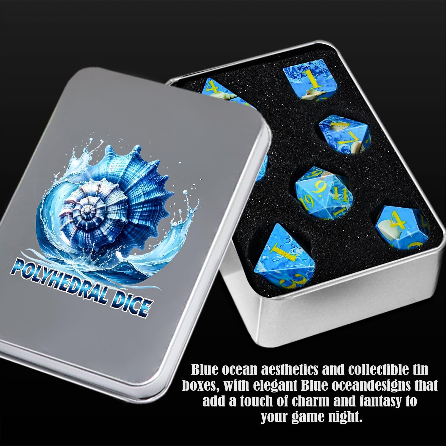 Conch DND Dice Set, 7PCS UV Printed Sharp Edge Acrylic Dice with Metal Gift Box, Lightweight Precision Design for Dungeons & Dragons Players