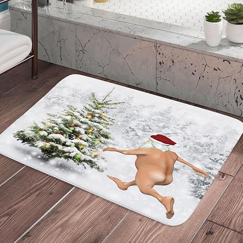 MERCHR Tapete de baño de Navidad, divertido tapete de baño de Navidad de invierno, bonito Papá Noel corriendo en la nieve, tapete de baño absorbente