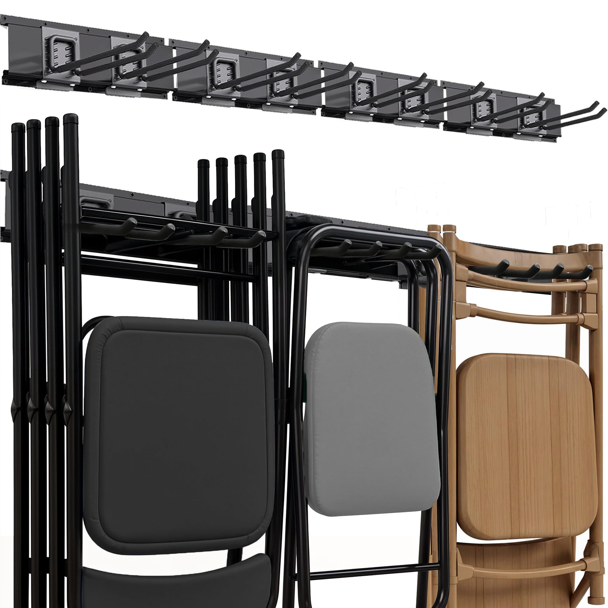 TIDYME Garage Tool Organizer Wall Mount | 64-Inch Garage Wall Organizer & Folding Chair Rack | Heavy-Duty Tool Hanger System | 12-Piece Kit with 4