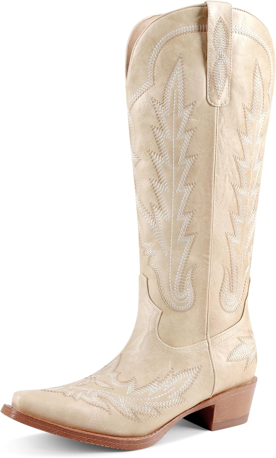 Cowboy Boots For Women Knee High Cowgirl Boots Wide Calf Low Chunky Heel Retro Pull On Western Tall Boots for Ladies Rodeos Party Concert Festival
