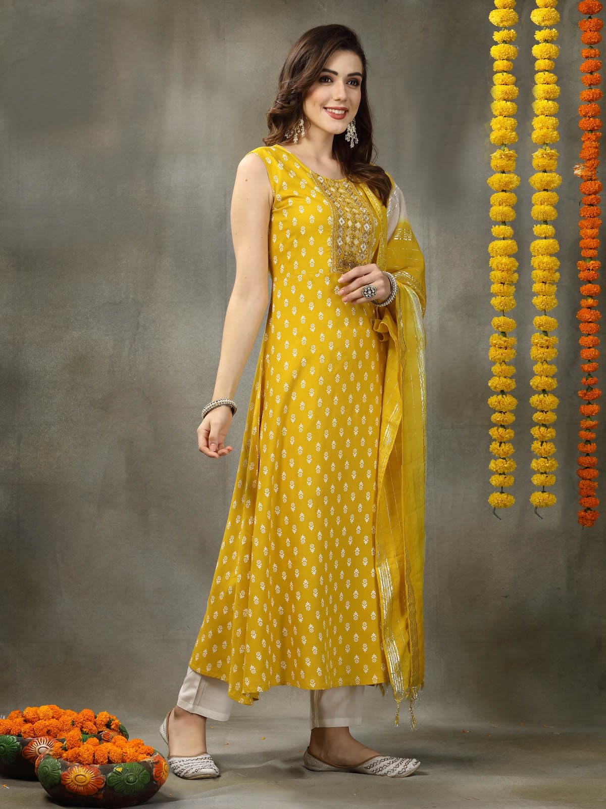 Stylum Women's Printed & Embroidered Rayon A-Line Kurta With Dupatta (Kdylwfruity40_Yellow, L)