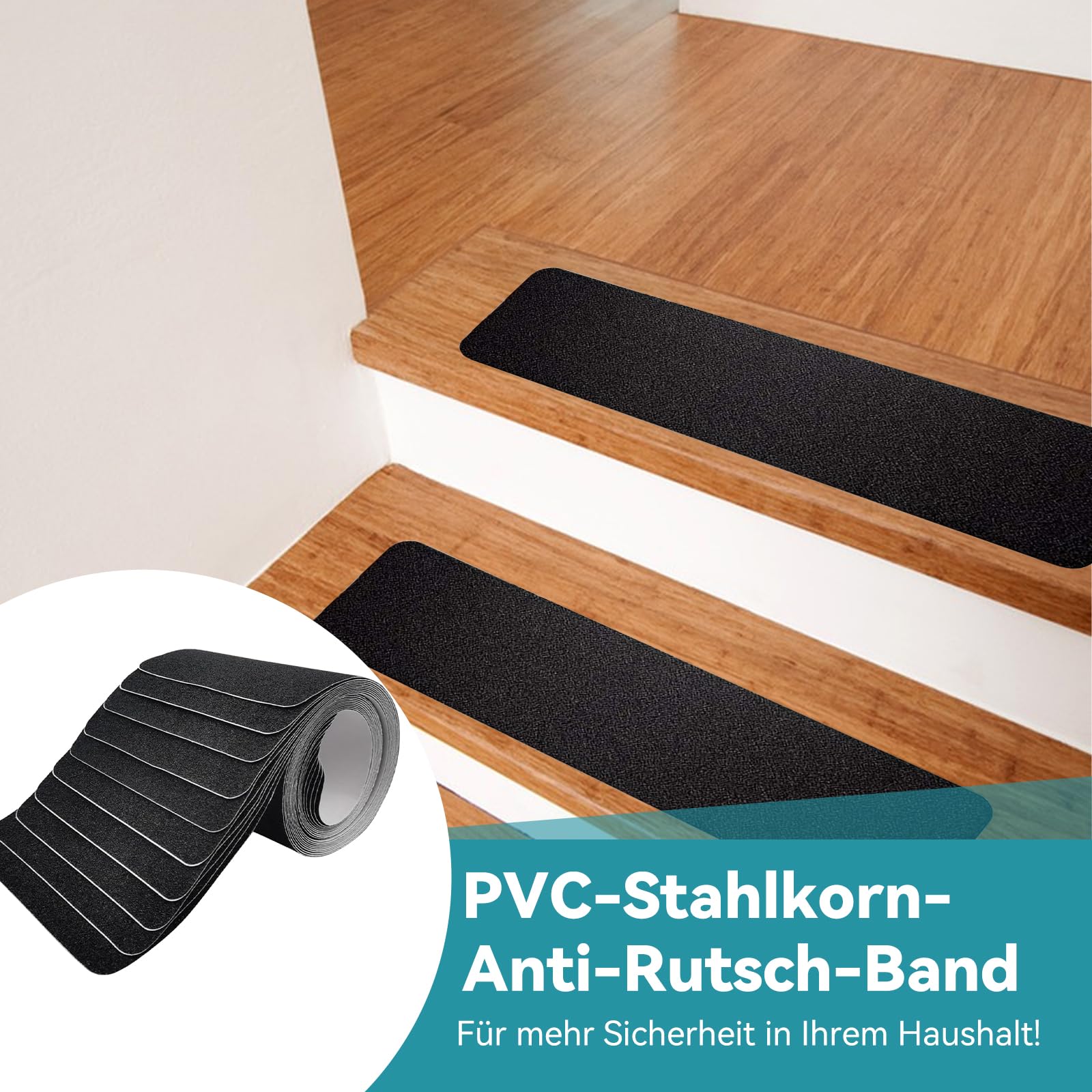 Stufenmatten Selbstklebend Rutschfest (15er Pack) – Anti Rutsch Streifen für Treppen mit Andrückrolle |Wasserfest Grip Tape Treppenstufen Antirutschmatten für Außen & Innen (15cm*60cm)