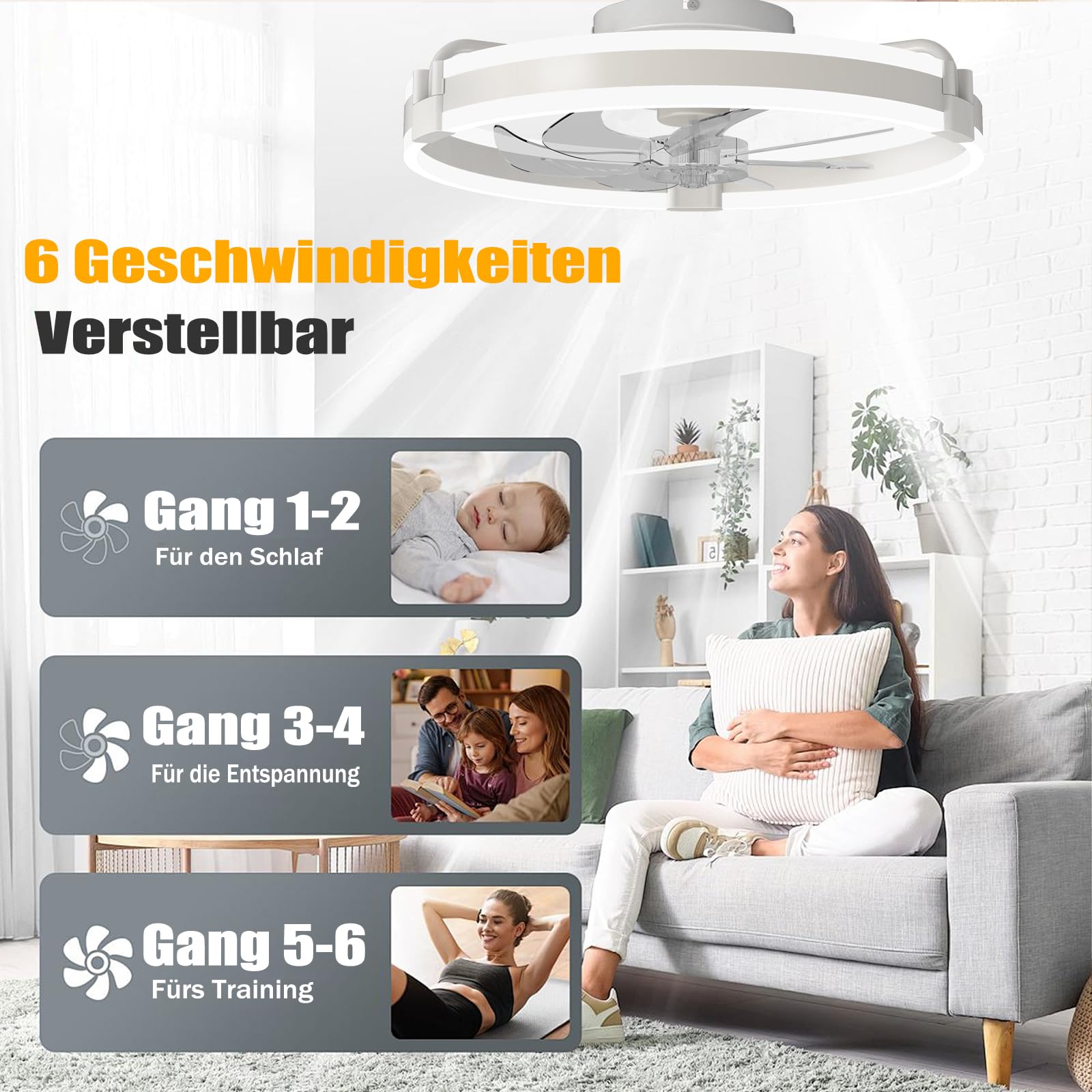 Deckenventilator-mit-Beleuchtun 50cm LED-Ventilator-Deckenleuchte Leise Fernbedienung Dimmbar 6 Geschwindigkeitsstufen Deckenventilator-Mit-Licht Timer Memory für Wohnzimmer Weiß