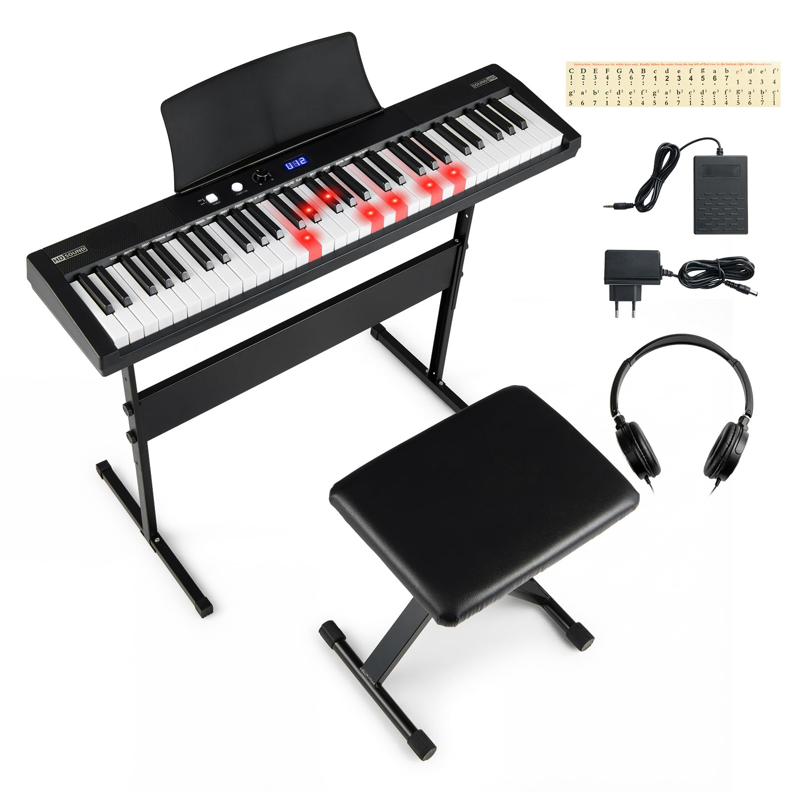 COSTWAY Keyboard Piano 61 Tasten, E-Piano mit Ständer, Hocker, Pedal & Notenaufkleber, Digitalpiano mit USB/MIDI, 128 Rhythmen, 128 Tönen & 80 Demos, E-Klavier für Anfänger, Schwarz