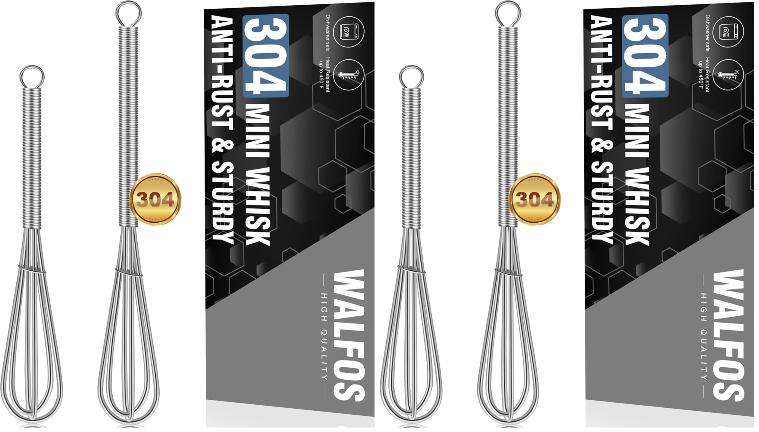 Walfos Mini Whisks Stainless Steel, Small Whisk 2 Pieces, 5in and 7in Tiny Whisk for Whisking, Beating, Blending Ingredients, Mixing Sauces (Pack of 2)