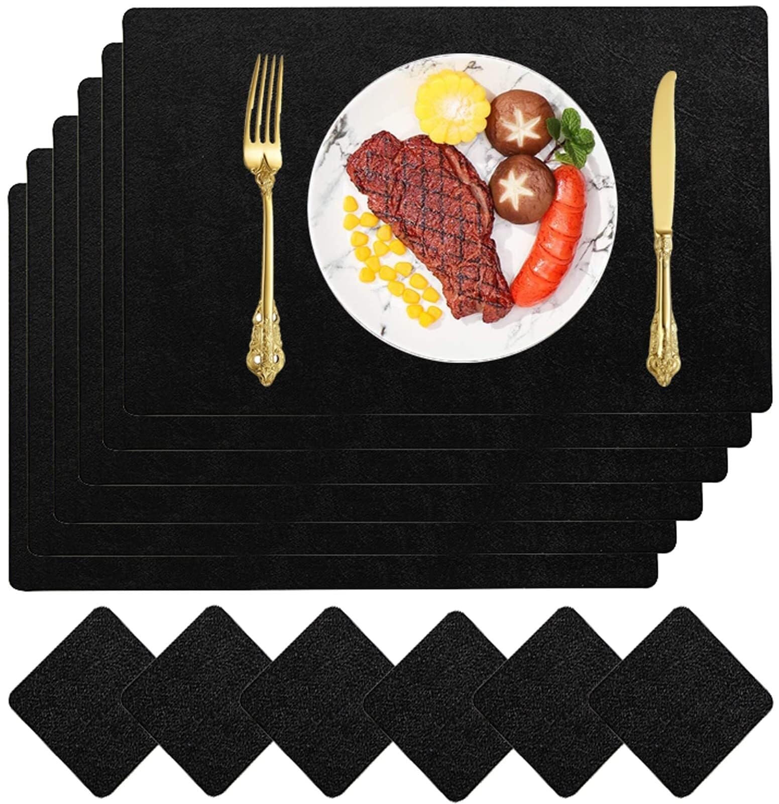 Tischsets, stilvolle, wasserdichte Tischsets aus PU-Leder mit Untersetzern – hitzebeständiges, kratzfestes ESS-Set for Zuhause und das Restaurant(Black,Set of 6)
