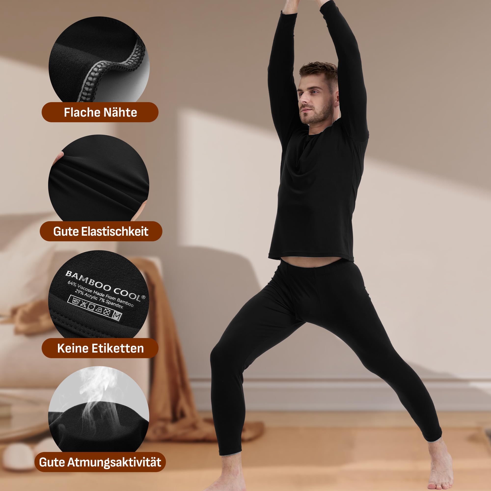 BAMBOO COOL Thermounterwäsche Herren Funktionsunterwäsche Set Atmungsaktive Innenfleece Skiunterwäsche Männer Winter für Joggen Radfahren Fußball Skifahren Motorrad Warme