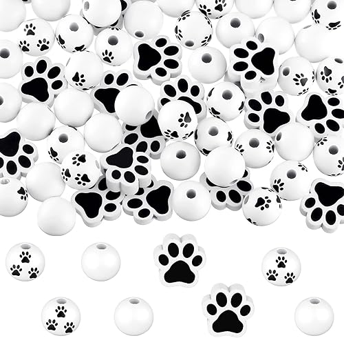 120 cuentas de madera de pata, cuentas de huella de perro, cuentas de madera de pata de cachorro, cuentas de madera en blanco y negro, lindas