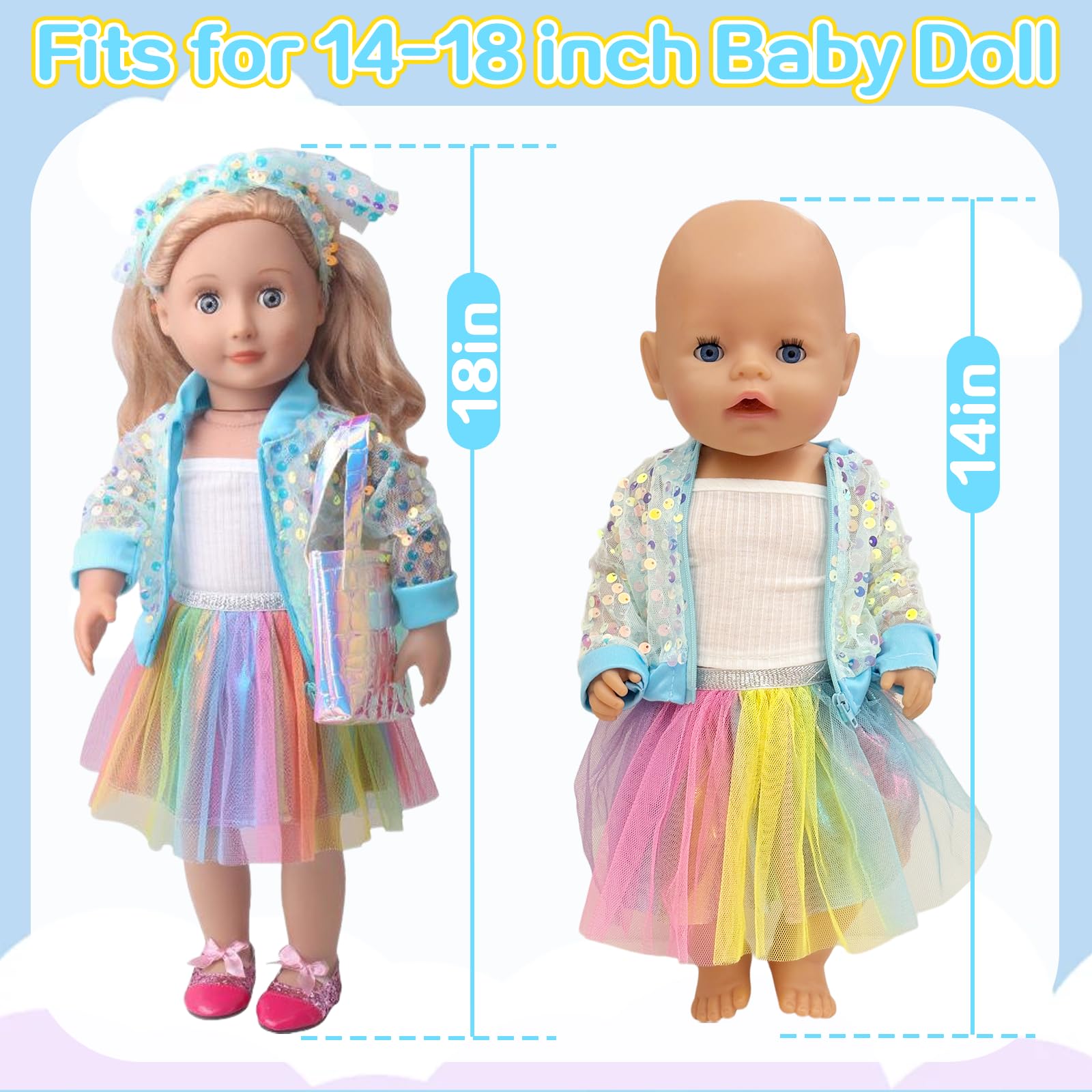 Ubrania dla lalek 14, 16, 17 i 18 cali, 6 ubrań, cekinowa kurtka, opaska na głowę, torba na buty 35-45 cm, dla noworodka, lalki, dziewczynki, prezent od