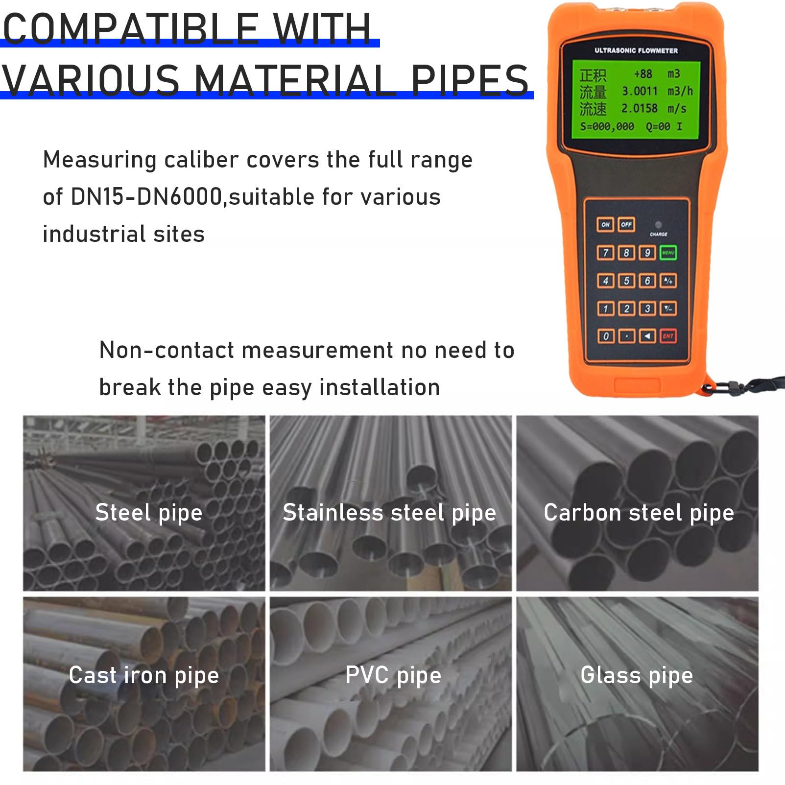 Medidor de Flujo Ultrasónico Portátil de Mano Con Sensor de Abrazadera (DN15-DN6000 mm) Medidor de Flujo de Agua Con Transductores de Abrazadera Para Uso Industrial,DN100
