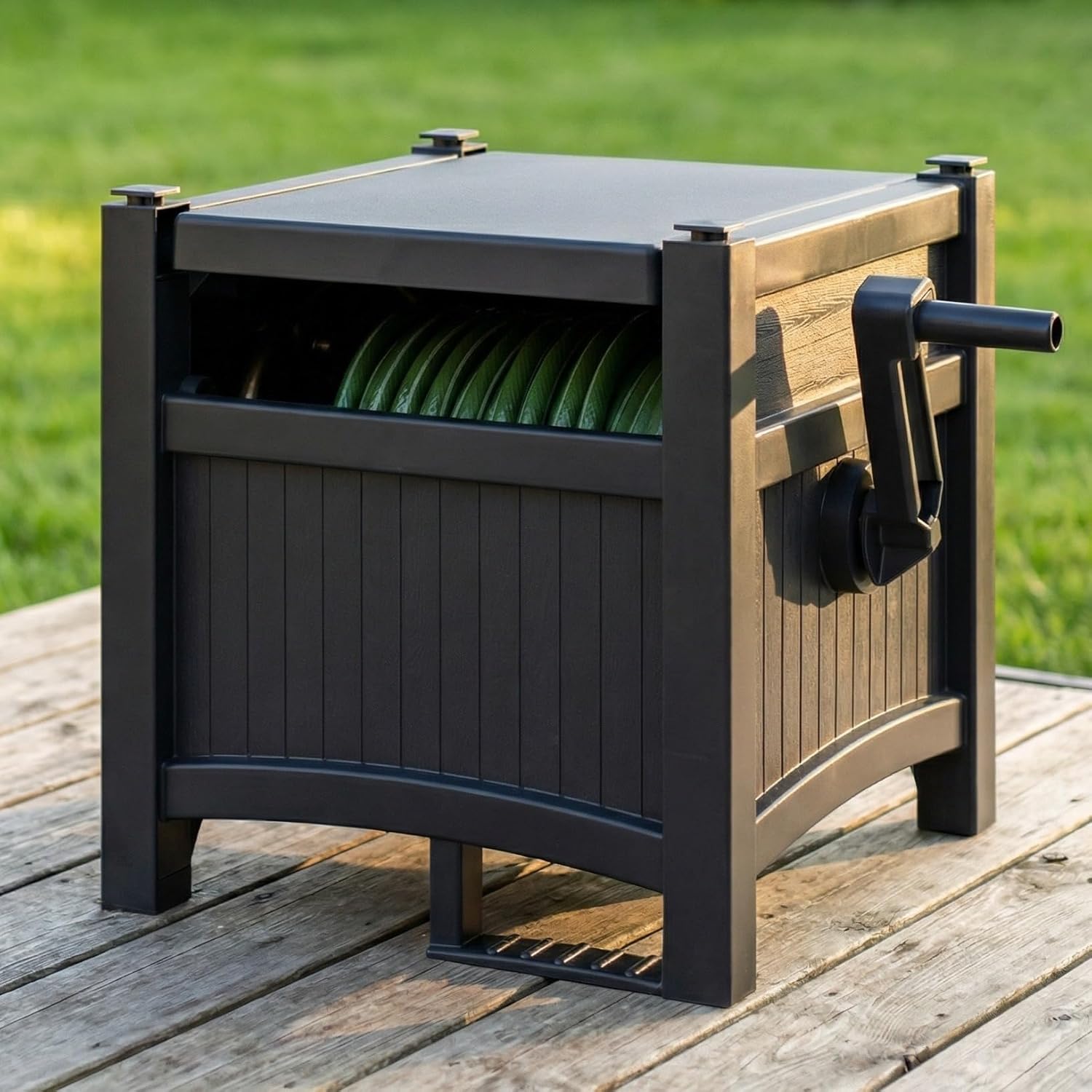 100FT Hose Reel Storage Box, Water Hose Holder,Durable Resin Garden Hose Reel, Mount Outdoor Organizer with Handle for Yard and Garden, Black