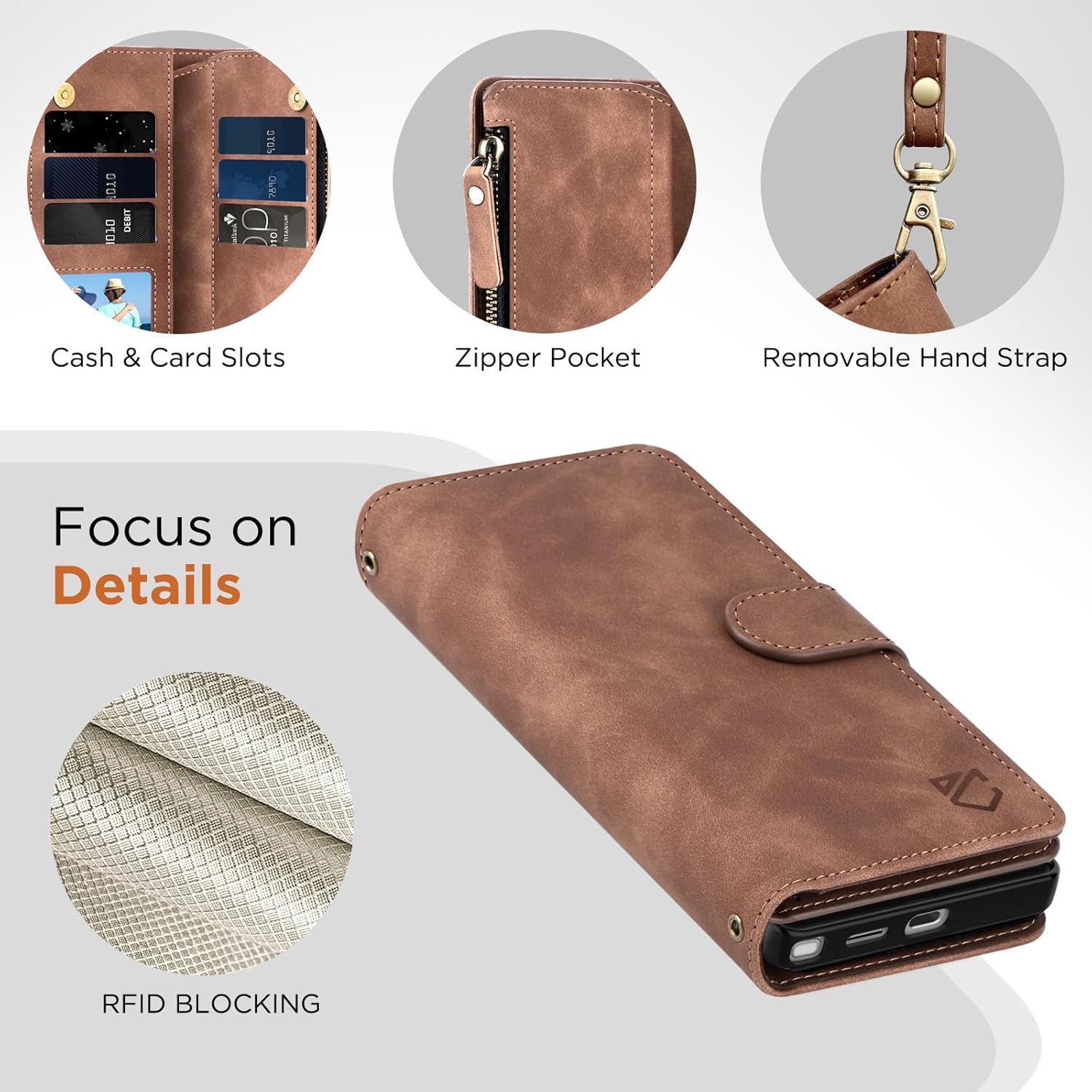 for Samsung Galaxy S25-Ultra-Wallet Case: with RFID Blocking Card Slots (6 Cards) | Soft PU Leather Magnetic Snap Zipper Pocket | Crossbody Wrist Strap Protective Phone Cover - Brown - Image 4