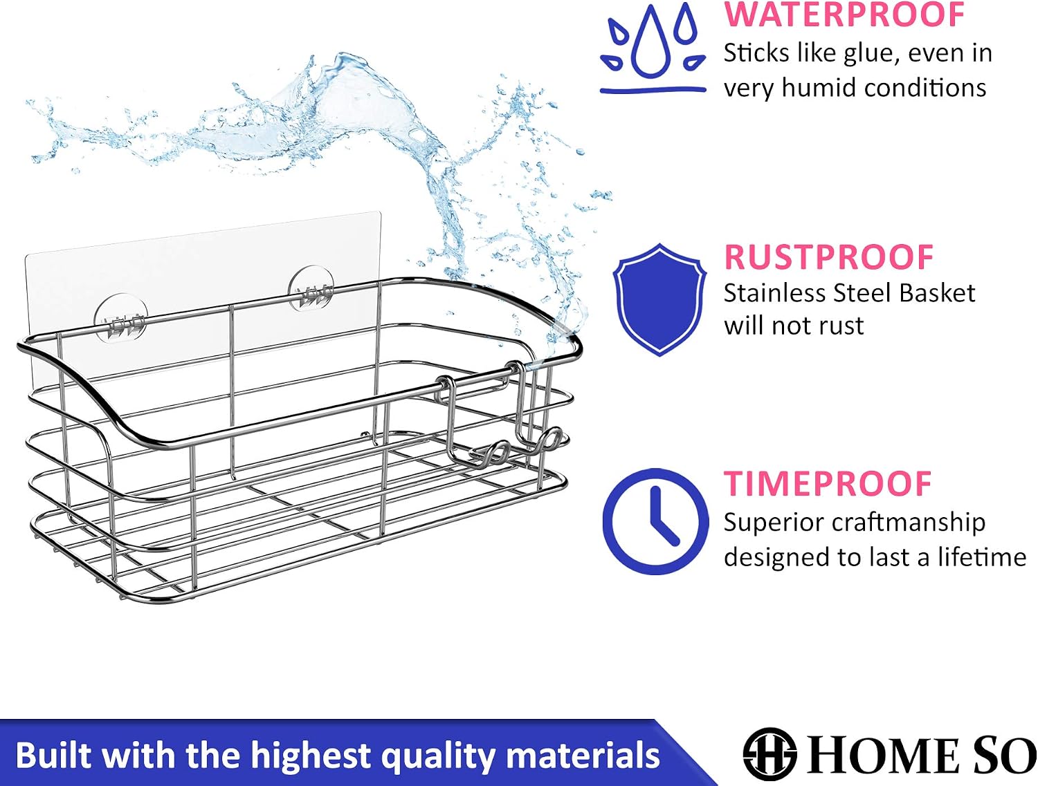 HOME SO Large Bathroom Caddy with Adhesive - Rustproof Stainless Steel Shower Kitchen Storage Organizer - Easy to Hang Shelf, No Drilling, No Sticky Residue - Wall Rack, 2 pack…