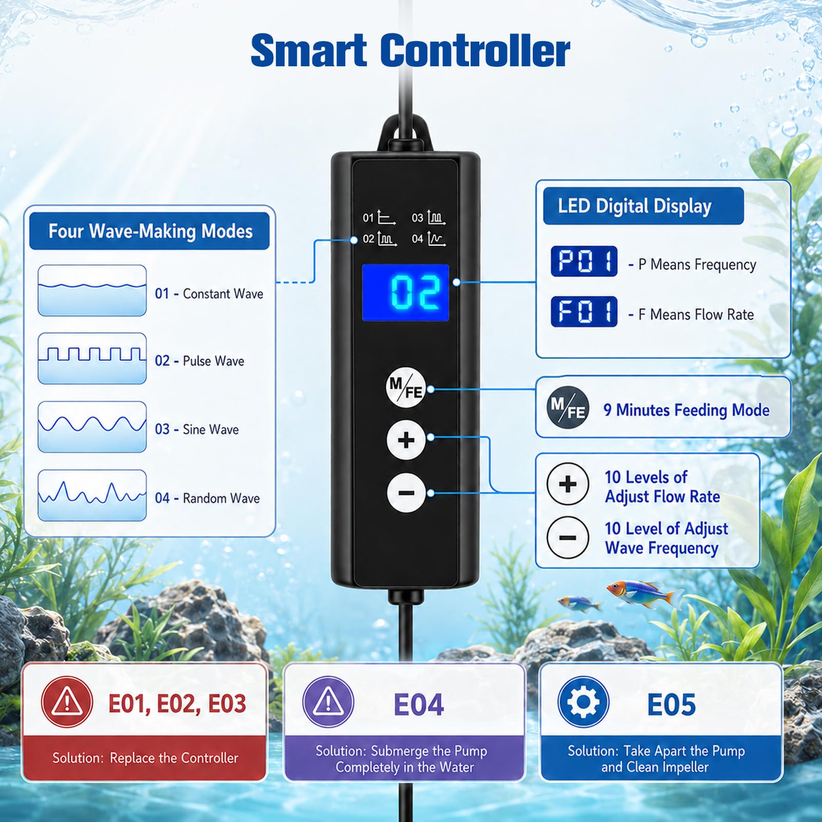 Mini pompa di flusso 8000 l/h, 10 W, con 4 modalità e 10 velocità regolabili | Pompa ondulata per acquari d'acqua salata, Magnetic Powerhead, ideale per acquari d'acqua dolce e salata da 70-350 l