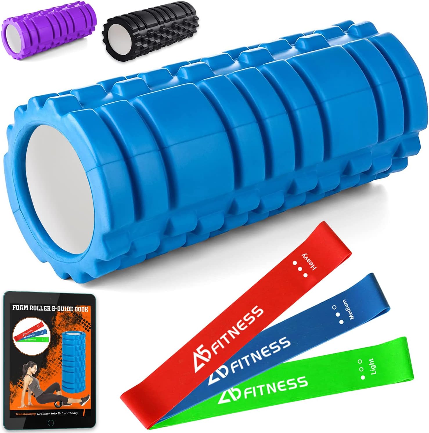 Foam Roller Blue with 3 Resistance Level Bands and Ebook Lightweight