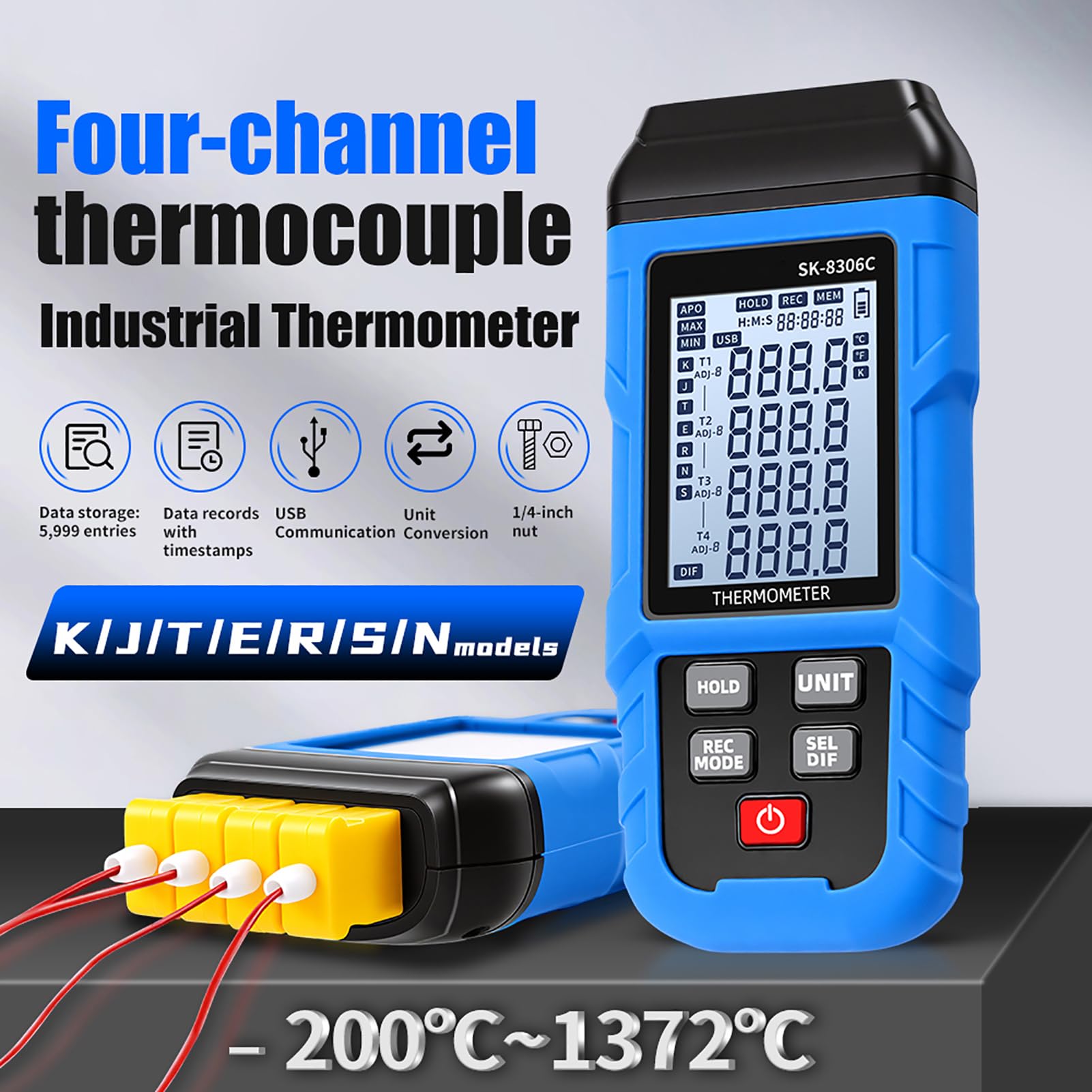 Luocute Termometro Digitale per Termocoppia, Misuratore per Alte Temperature Tipo K J con Registratore Dati a 4 5999 Registrazioni USB Ricaricabile 60H per Uso Industriale (SK-8306C Quad Canale)