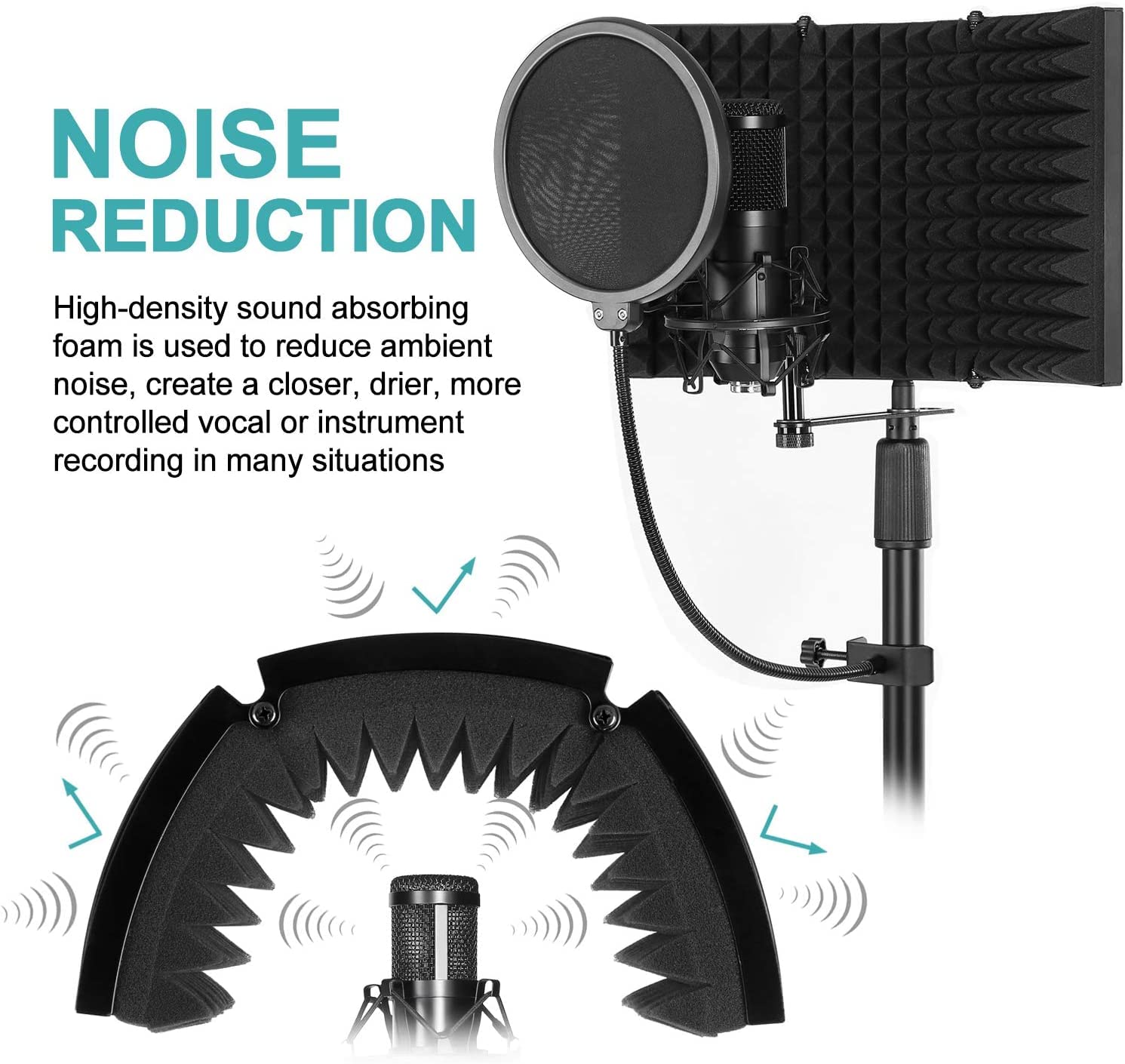 DEVICE OF URBAN INFOTECH Dual Microphone Stand with 3 Panel Isolation Shield,Sound Proof Foam Vocal Booth Adjustable Mic Stand with 2 Mic Clip Holder Reflection Filter for Mic with Stand 2