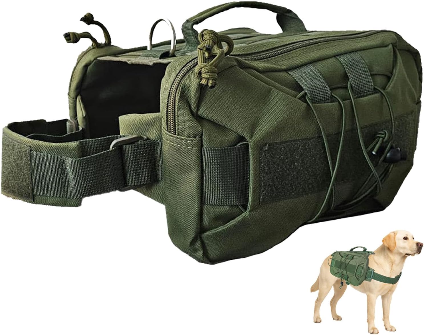Medium Army Green Tactical Dog Backpack Harness with Water-Resistant Saddle Bags