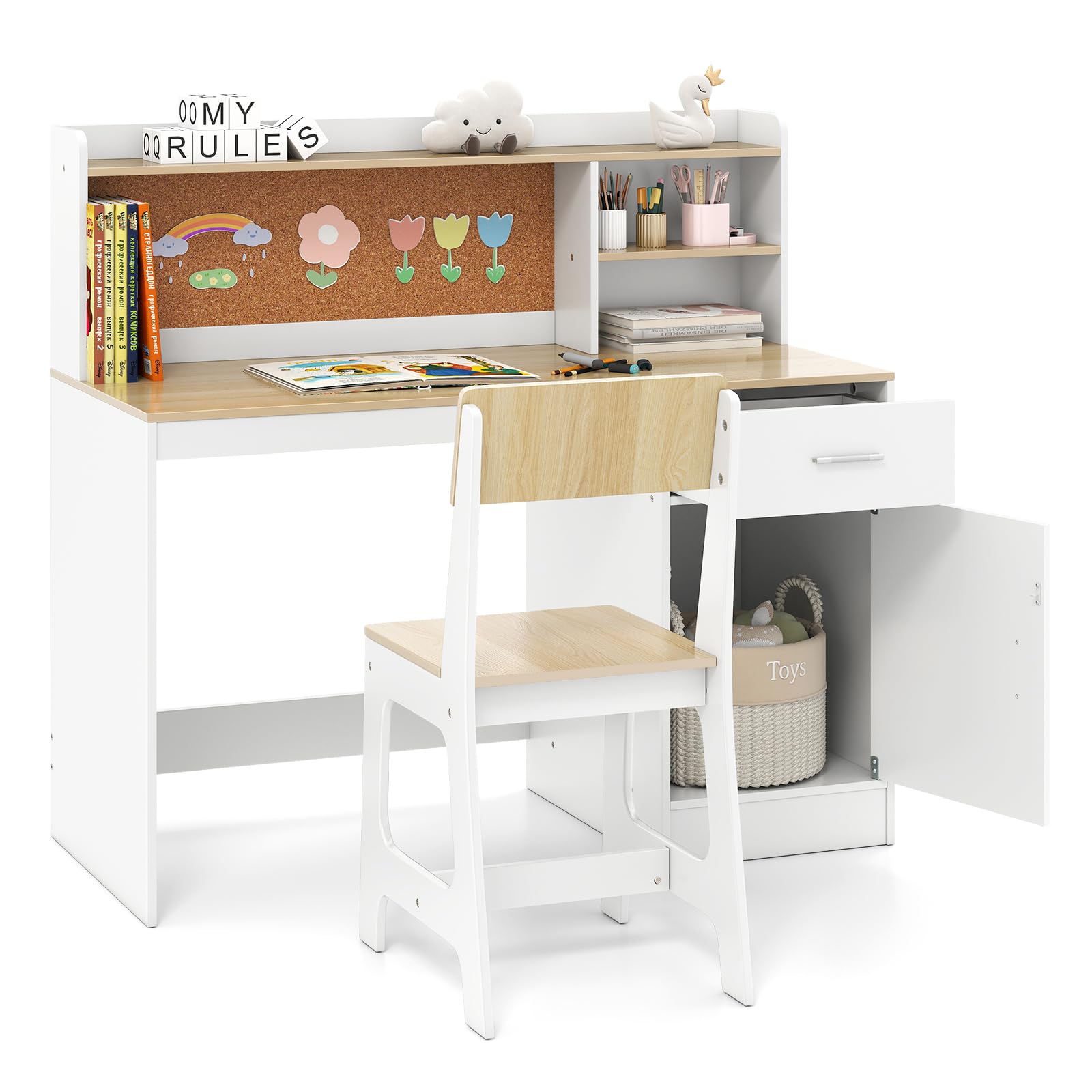 DREAMADE Bureau Enfants, Table d'Étude avec Chaise, Étagère, Tableau d'Affichage, Tiroir, Armoire pour Lecture, Dessin, Bricolage, pour Salon, Chambre d'enfant (Naturel)