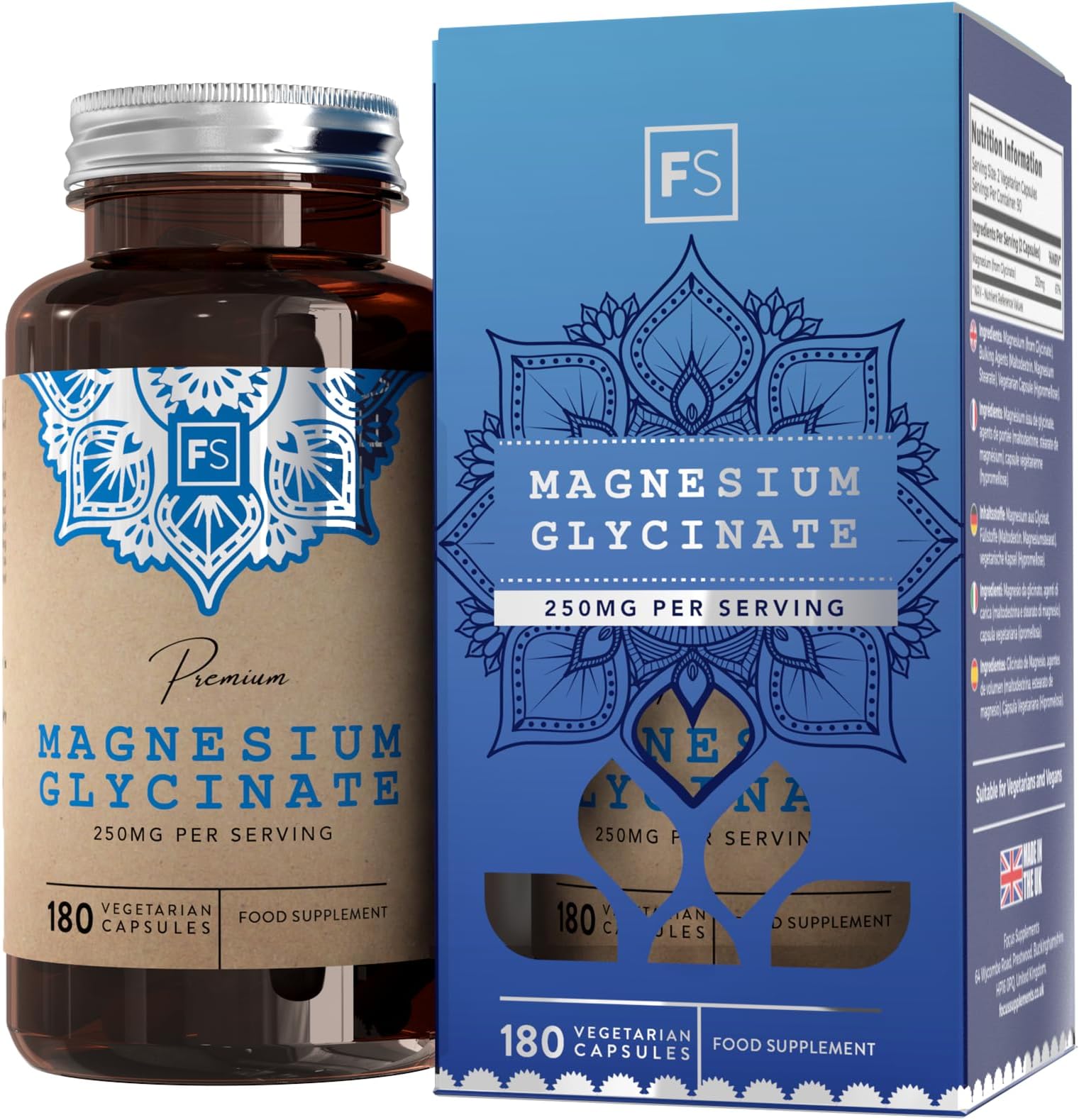 FS Magnesium Glycinate Capsules | 1250mg of Glycinate Providing 250mg of Pure Elemental Magnesium Per Serving | 180 Vegan Caps | Magnesium Supplement | Non GMO, Dairy & Gluten Free | Made in The UK