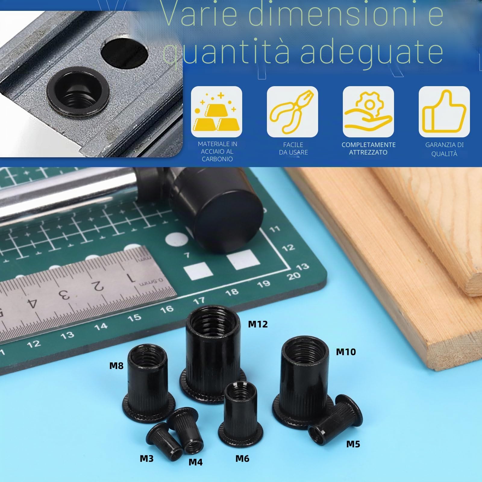 Glarks Set di 320 dadi filettati M3 M4 M5 M6 M8 M10 M12 in acciaio al carbonio zincato nero a testa piatta rivnut inserti filettati (kit dado rivetto)