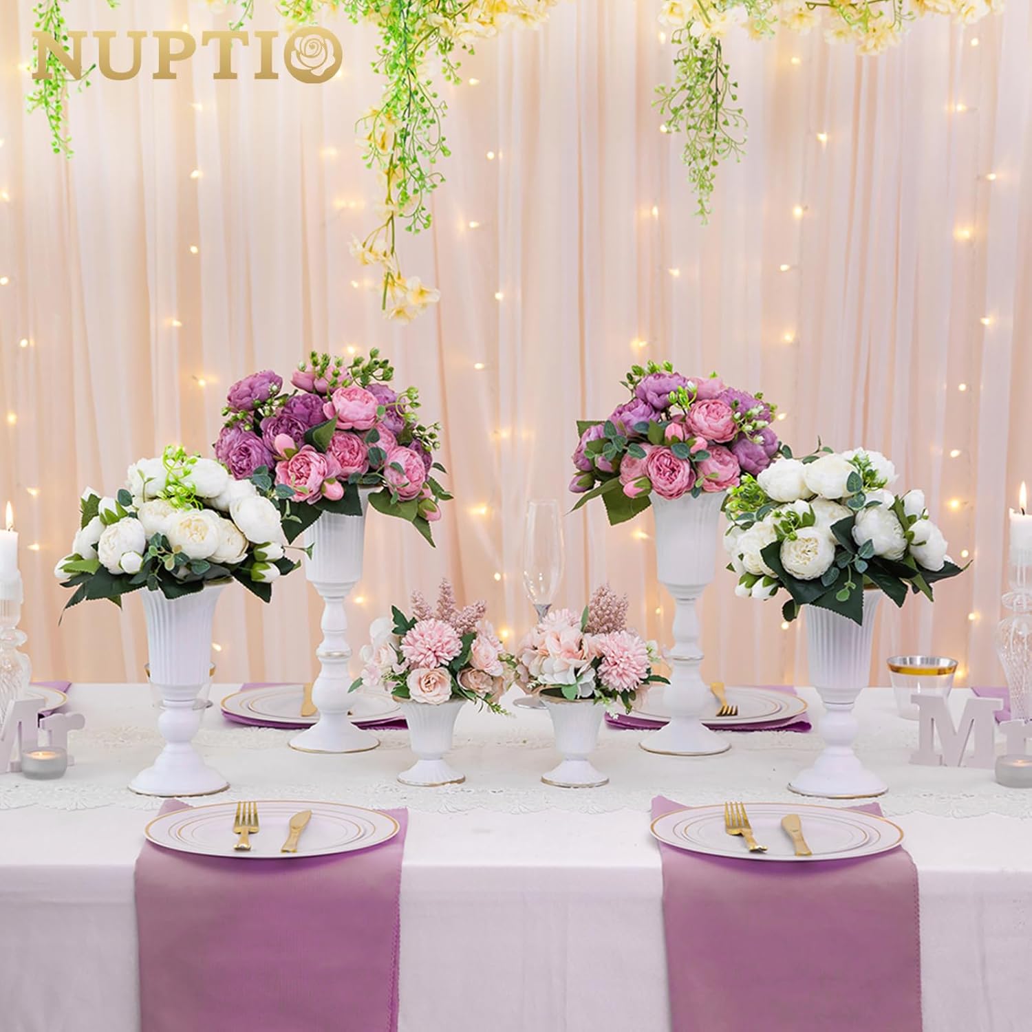 Nuptio 2 Pcs Metal Flower Vase White Table Decorative Centerpiece, Elegant Wedding Centerpieces Vase for Party Anniversary Ceremony Decoration, 31.9cm Tall Artificial Flower Arrangements