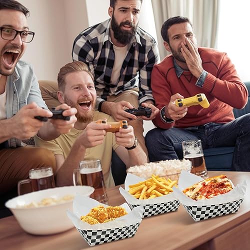 Miniatura 6 de 100 bandejas de papel a cuadros para autos de carreras con 100 forros delicatessen, bandejas de papel desechables para nachos, bandeja de servir a