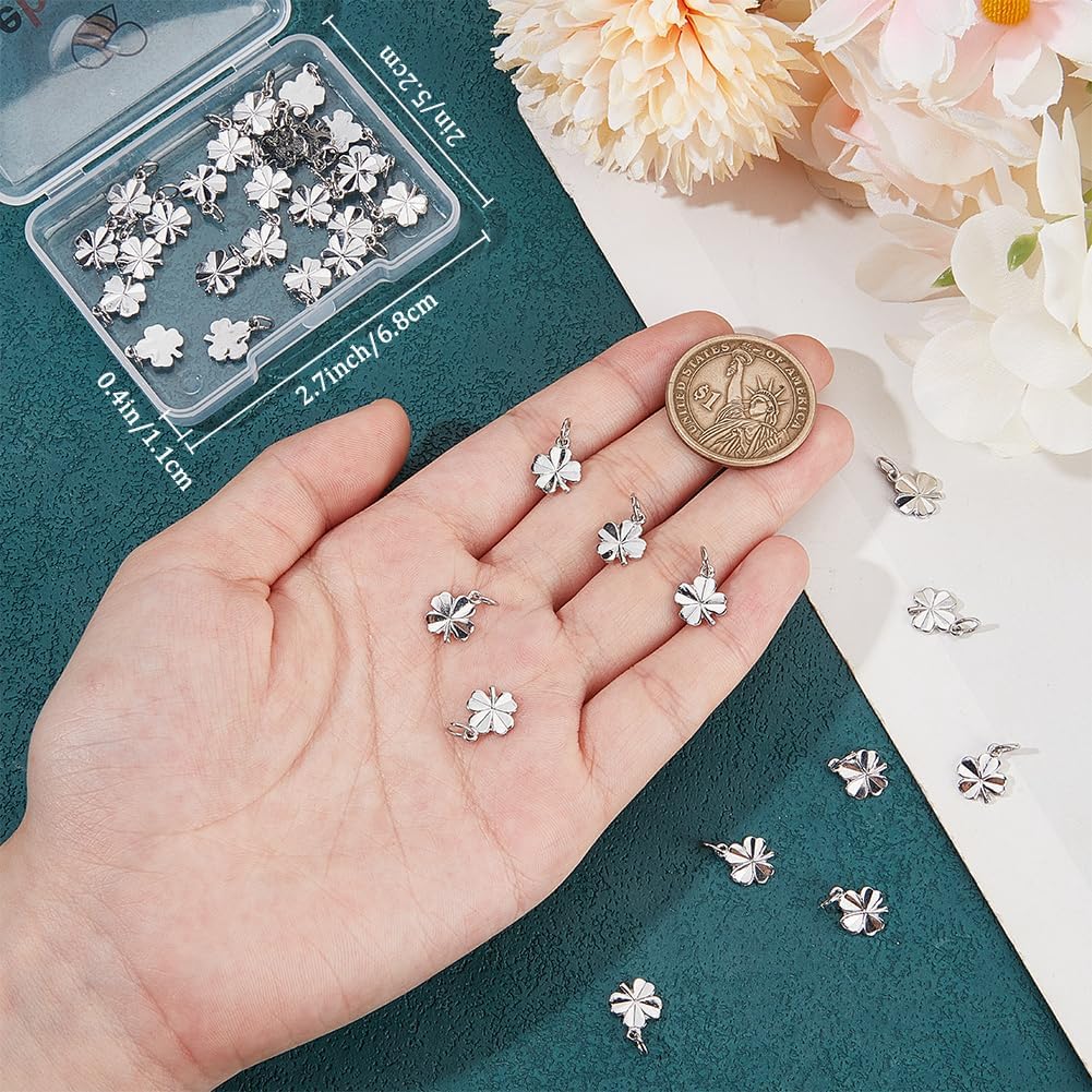 Beebeecraft 40Pcs 2 Colors Four Leaf Clover Charms 18K Gold & Platinum Plated Brass St. Patrick's Day Shamrock Charm Good Luck Pendant for Jewelry Making, Small Size 0.43x0.35in