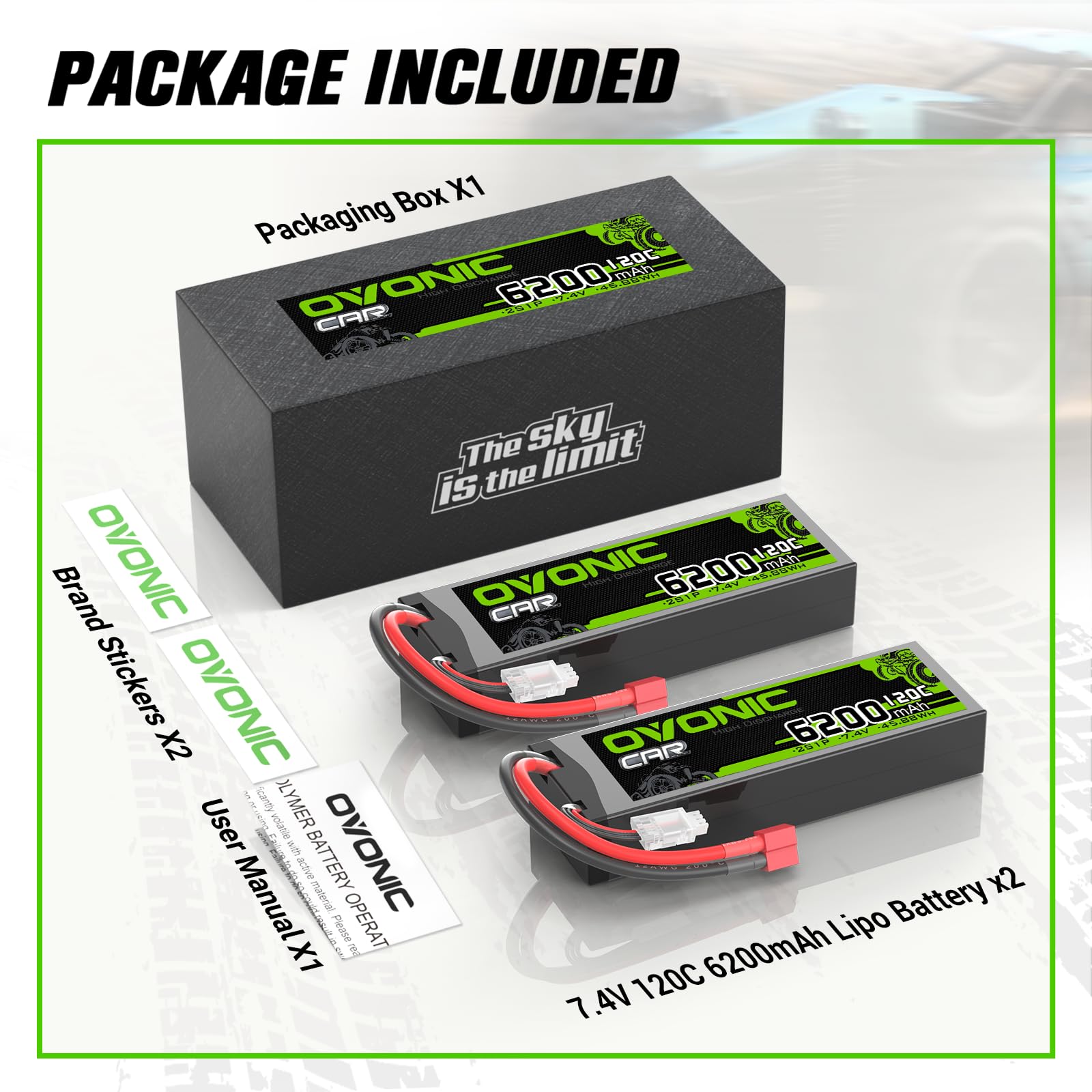 OVONIC 2s Lipo akumulator 7,4 V 6200 mAh 120C z wtyczką T, twarda obudowa do samochodów RC, ciężarówki, truggy, quadcoptera, helikoptera, samolotu (2 sztuki)