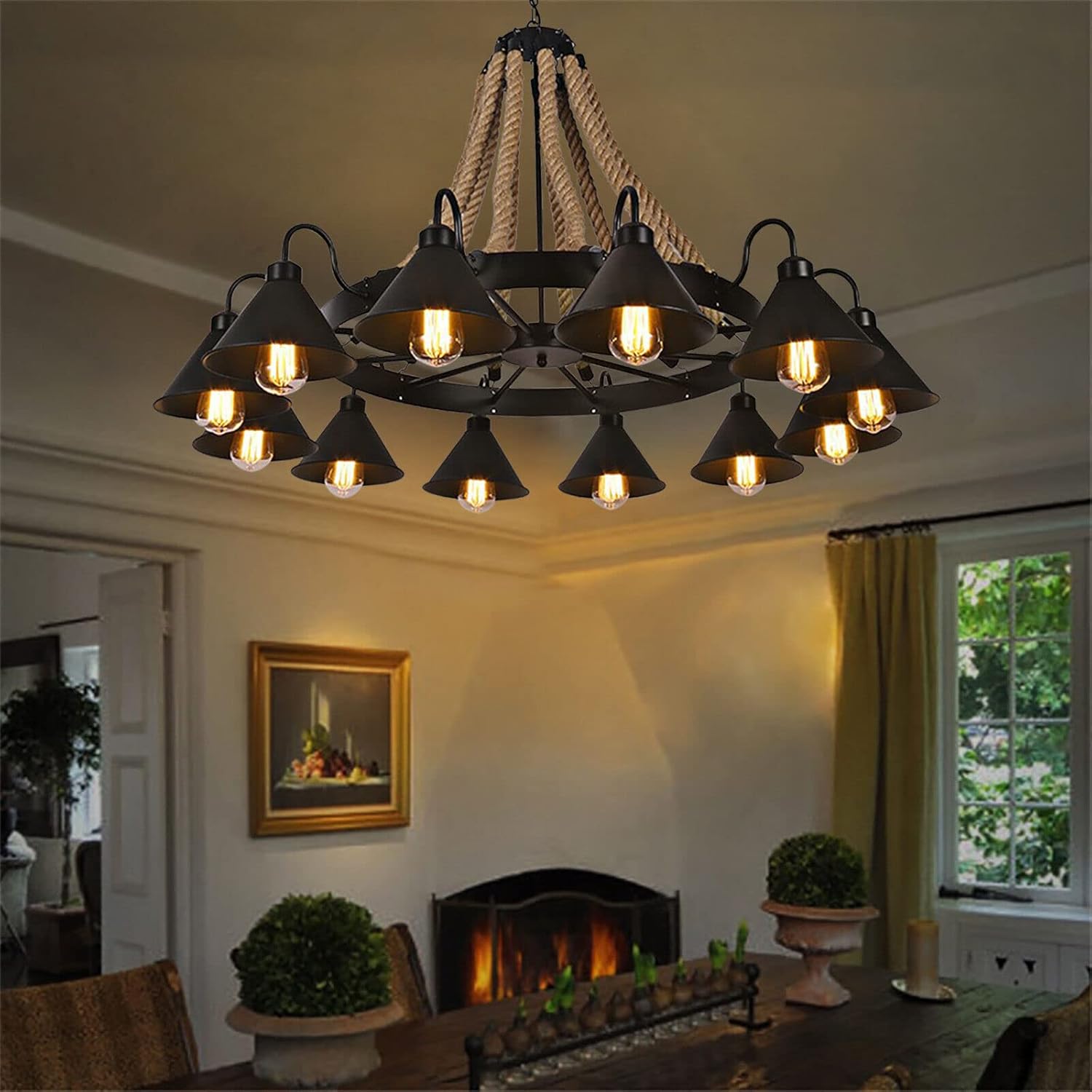 12 Lights Industrial Pendant Light Hemp Rope Chandelier Black Metal Wagon Wheel Gooseneck Style Ceiling Lighting Fixture Adjustable Height for Dining Room, Living Room, Bedroom