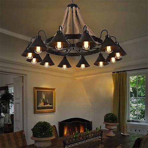 Flhonudi Lámpara colgante industrial de 12 luces, lámpara de cuerda de cáñamo, rueda de carro, de metal negro, estilo cuello de cisne, lámpara de