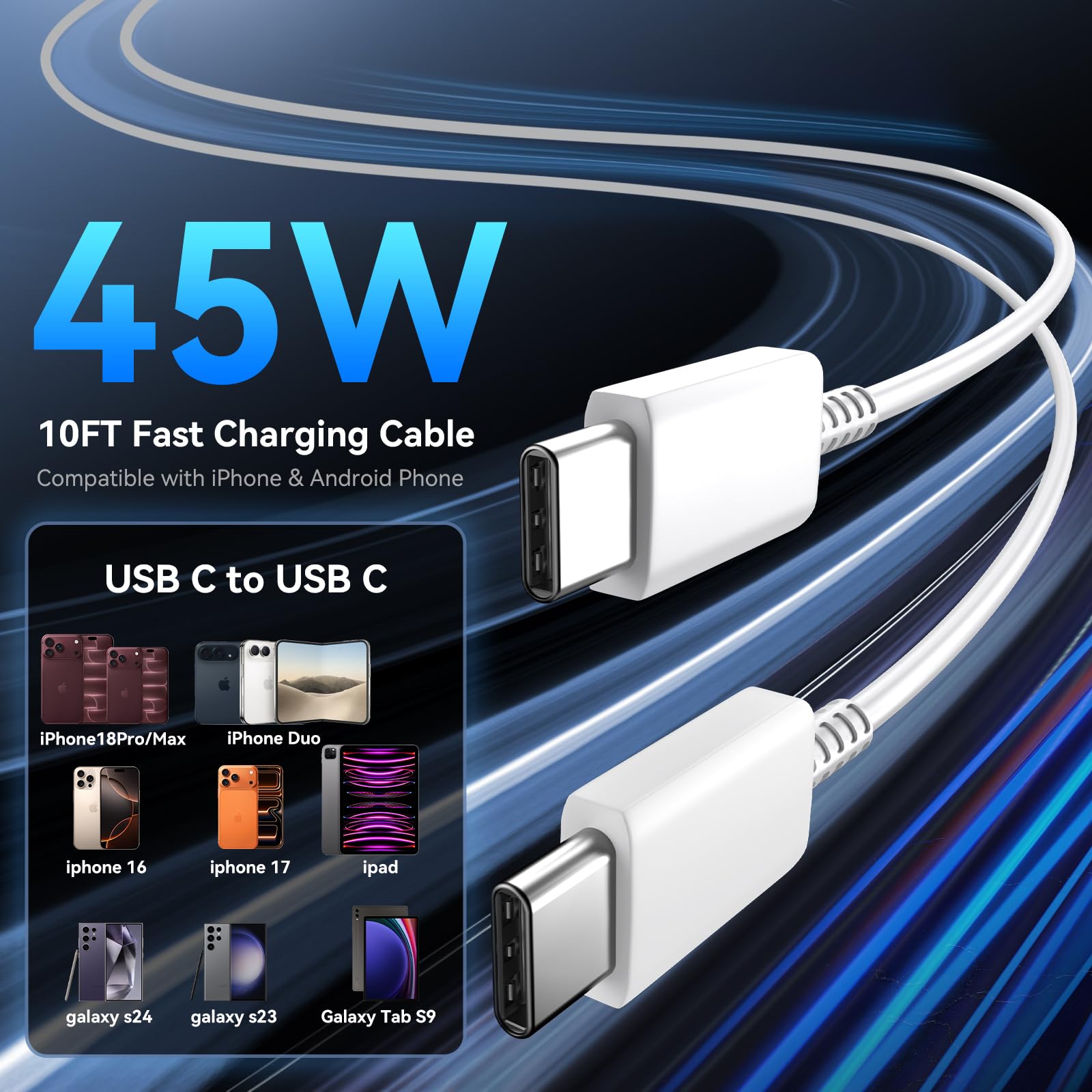 Chargeur rapide pour iPhone 17 16 Pro Max, bloc de chargeur USB C de 45 W avec câble de charge rapide de type C de 3 m de long, compatible avec iPhone Pro Max/17 Pro/17/16/16 Plus/16 Pro/16 Pro Max/15
