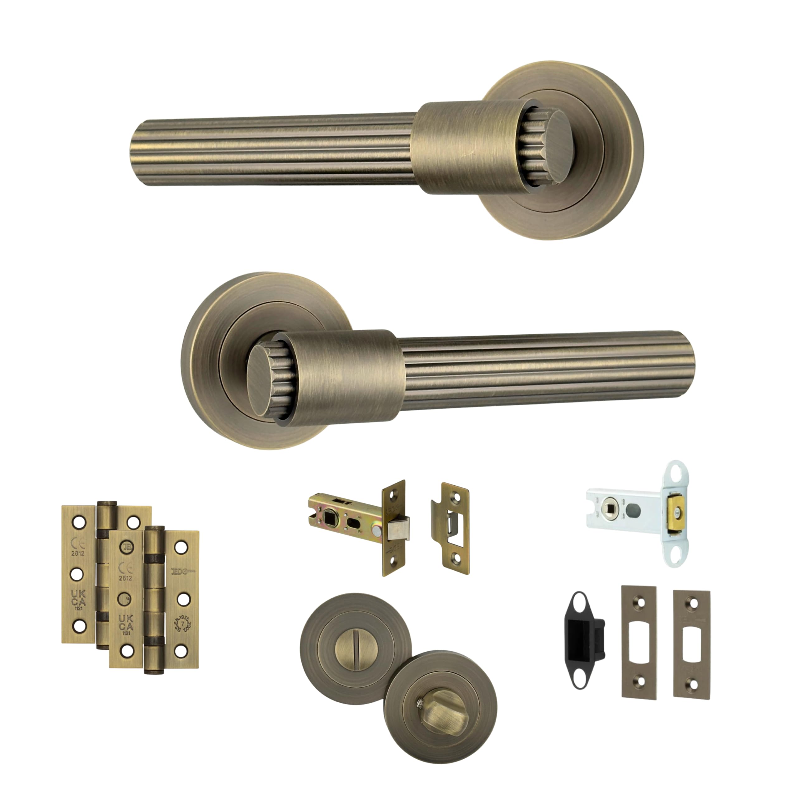 AXS Nevada Door Handle Pair on Rose – Internal Lever Handles with Stepped Collar Design – Latch & Bathroom Lock Options – Matt Black, Satin Brass, Antique Brass (Antique Brass, Bathroom Door Pack)