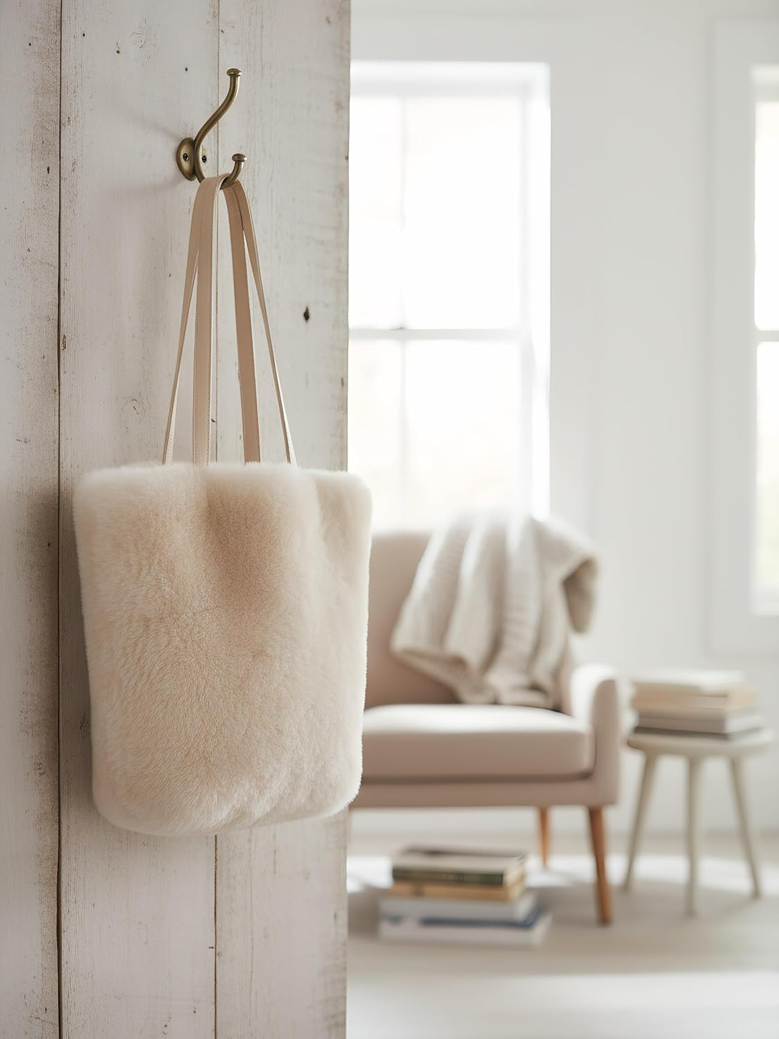 Lamb Shearling Tote Bag with Calfskin Leather Shoulder Straps,Fur Purse